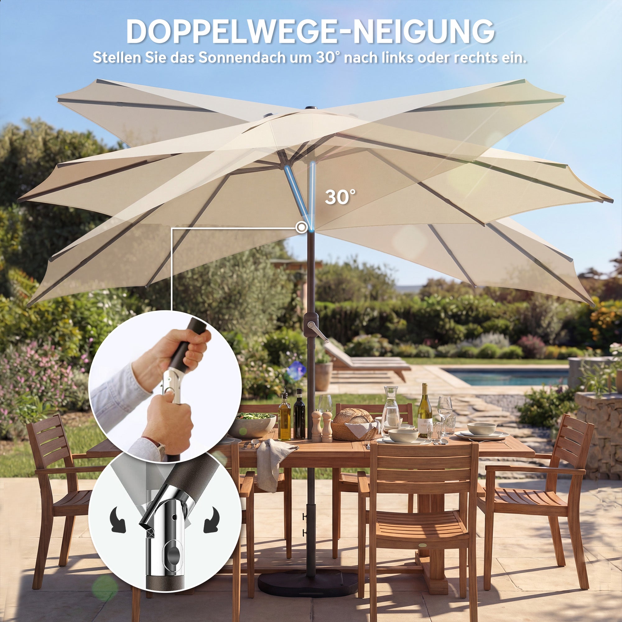 Tilt-Adjustable 9.7 ft Round Retractable Balcony/Patio Umbrella with Crank, Cross Base & Sandbag — UPF 30+, Wind-Resistant, Cream White