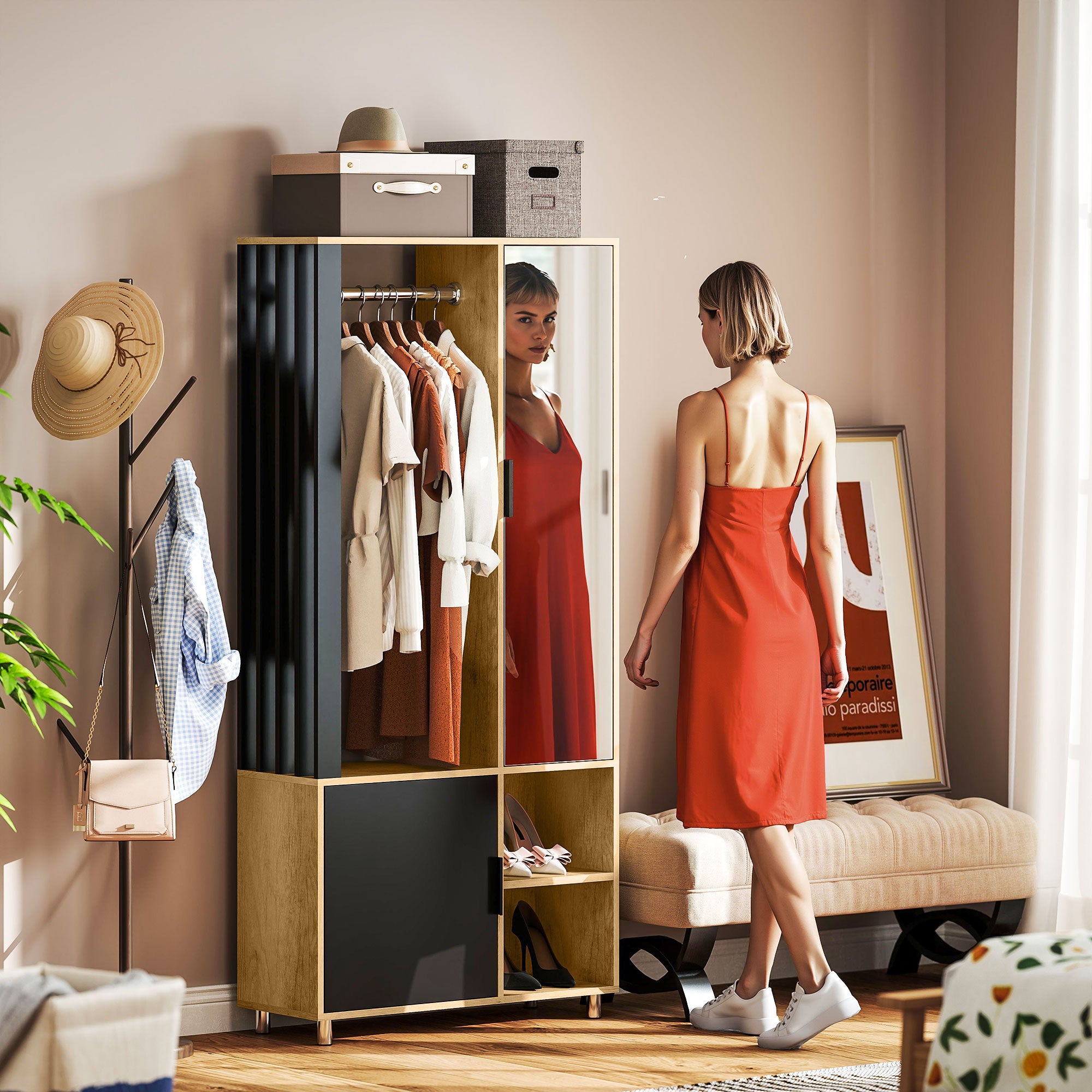 Modern Dressing Wardrobe Closet Storage Cabinet with Mirror, Open Compartments, Wardrobe Rod, 80 x 30 x 170 cm, Natural Wood
