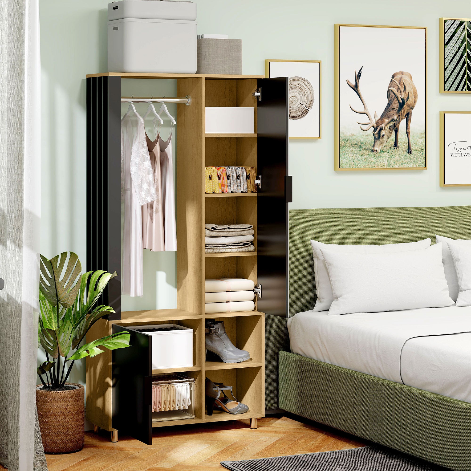 Modern Dressing Wardrobe Closet Storage Cabinet with Mirror, Open Compartments, Wardrobe Rod, 80 x 30 x 170 cm, Natural Wood