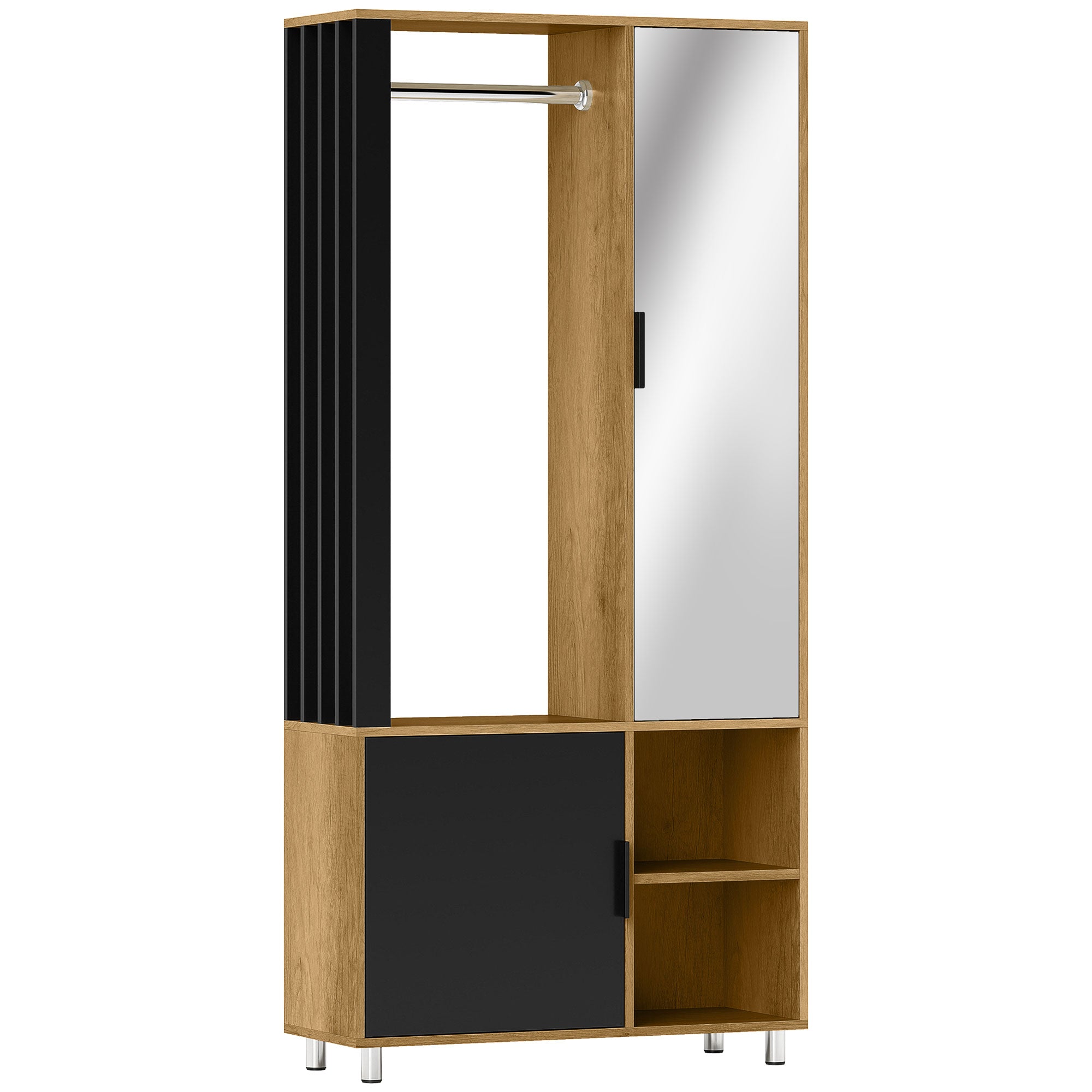 Modern Dressing Wardrobe Closet Storage Cabinet with Mirror, Open Compartments, Wardrobe Rod, 80 x 30 x 170 cm, Natural Wood
