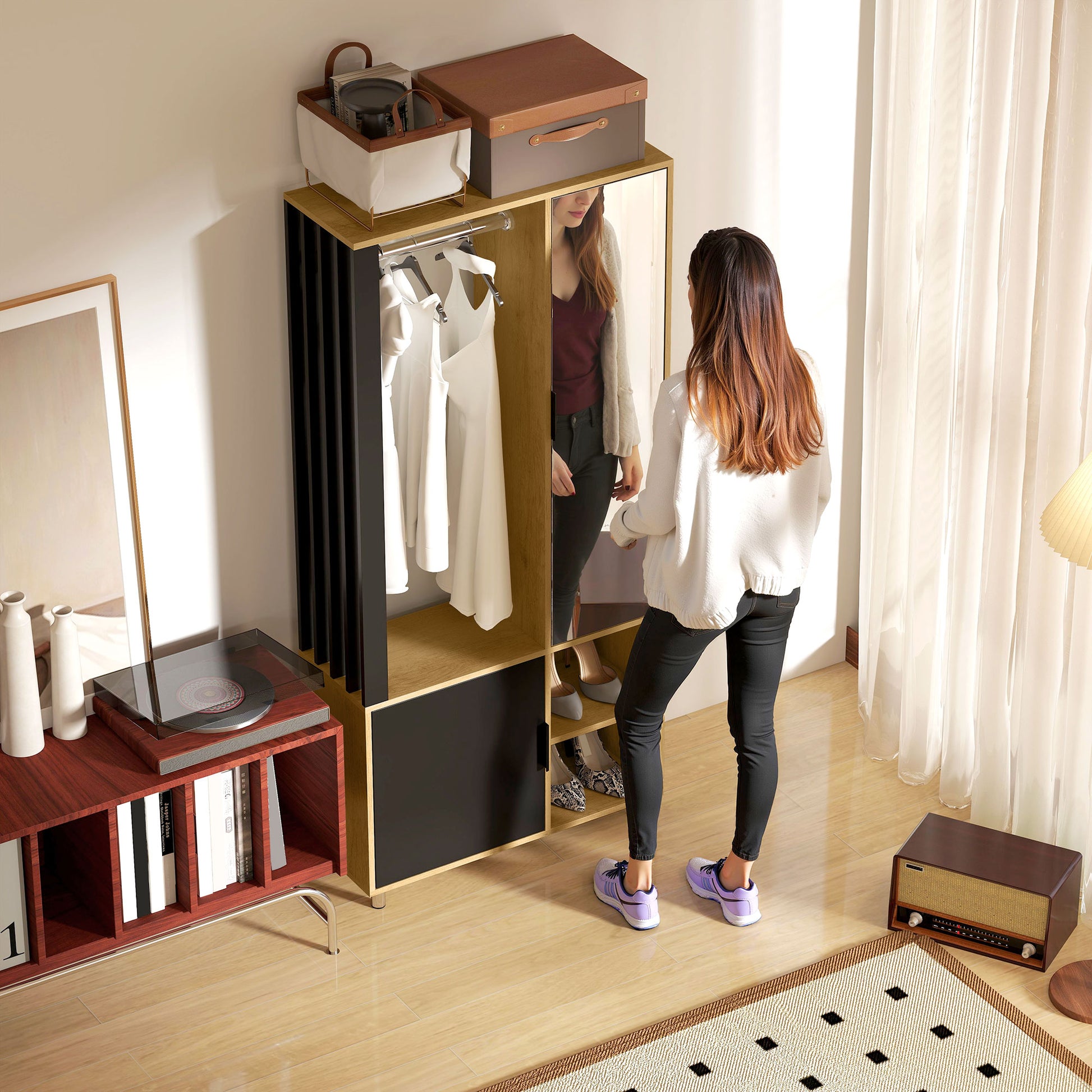 Modern Dressing Wardrobe Closet Storage Cabinet with Mirror, Open Compartments, Wardrobe Rod, 80 x 30 x 170 cm, Natural Wood