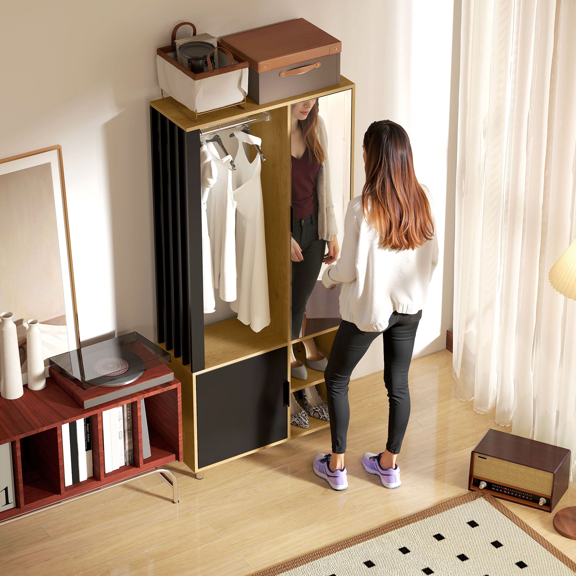 Modern Dressing Wardrobe Closet Storage Cabinet with Mirror, Open Compartments, Wardrobe Rod, 80 x 30 x 170 cm, Natural Wood