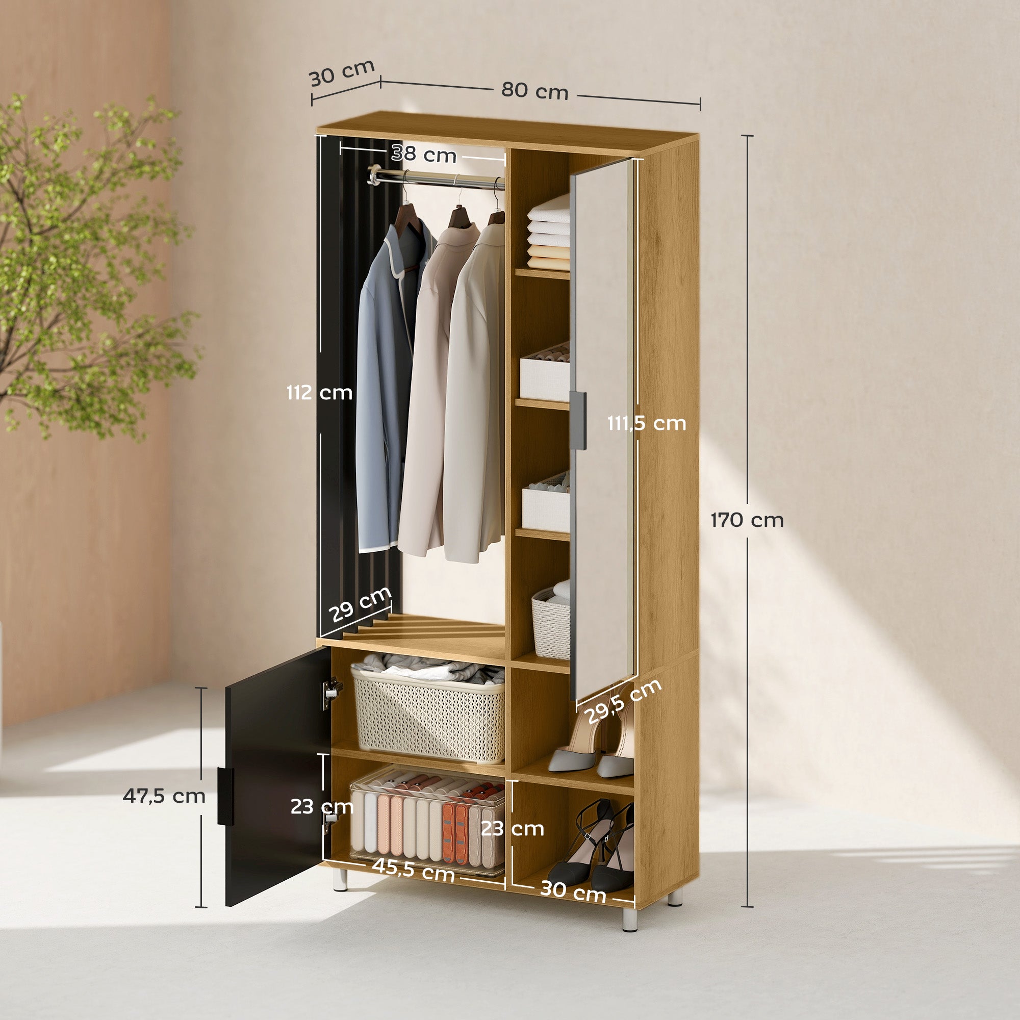 Modern Dressing Wardrobe Closet Storage Cabinet with Mirror, Open Compartments, Wardrobe Rod, 80 x 30 x 170 cm, Natural Wood