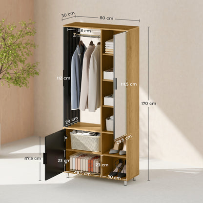 Modern Dressing Wardrobe Closet Storage Cabinet with Mirror, Open Compartments, Wardrobe Rod, 80 x 30 x 170 cm, Natural Wood
