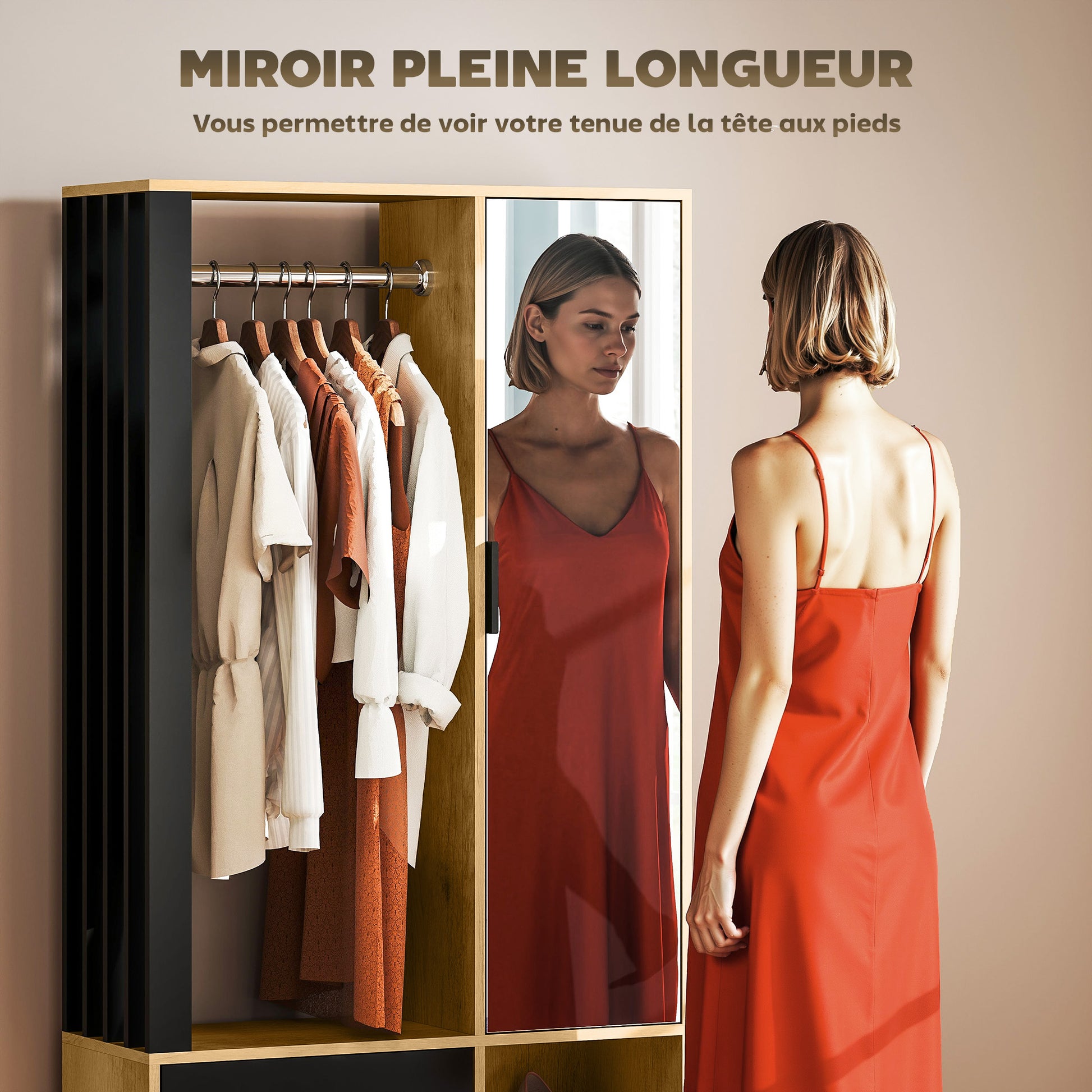 Modern Dressing Wardrobe Closet Storage Cabinet with Mirror, Open Compartments, Wardrobe Rod, 80 x 30 x 170 cm, Natural Wood