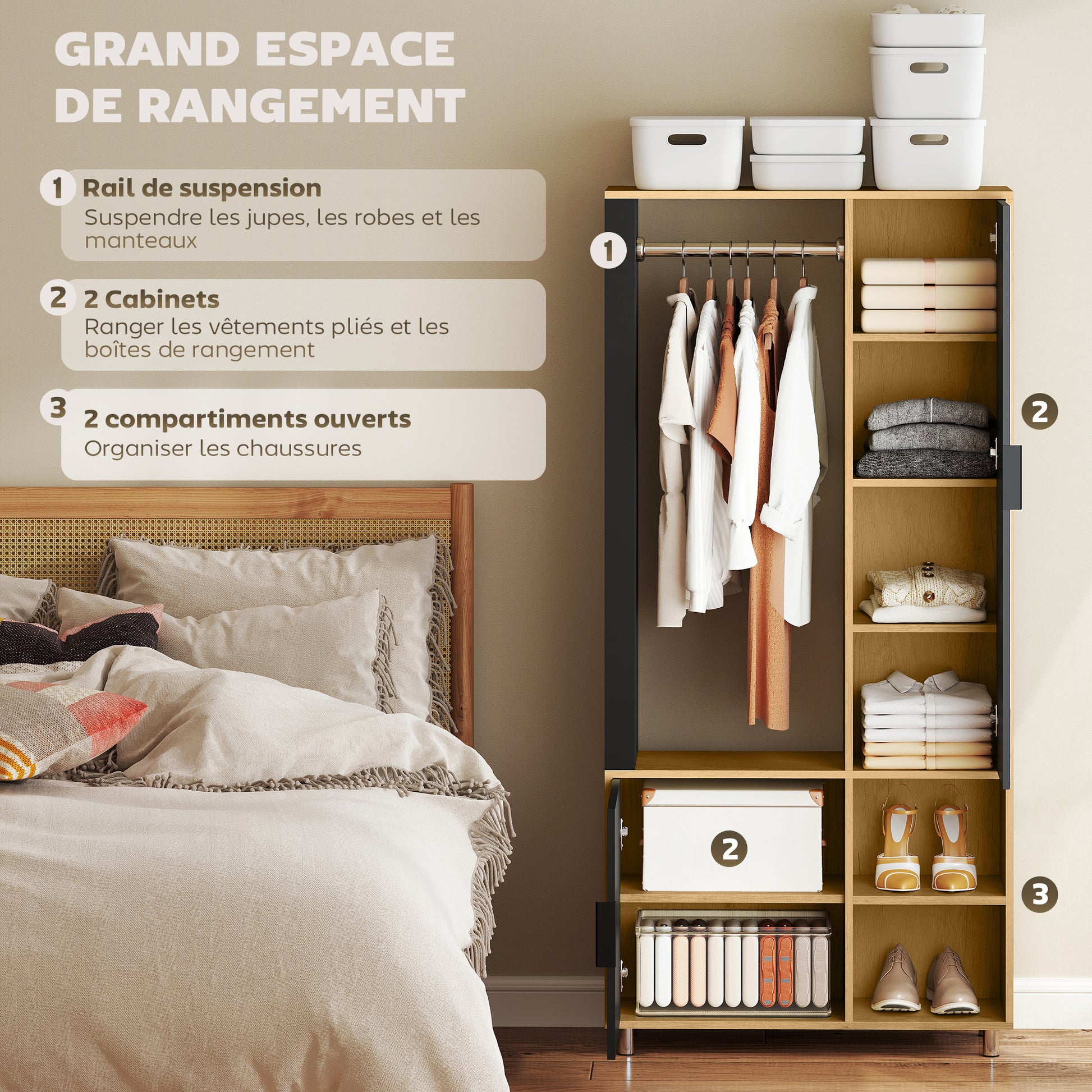 Modern Dressing Wardrobe Closet Storage Cabinet with Mirror, Open Compartments, Wardrobe Rod, 80 x 30 x 170 cm, Natural Wood