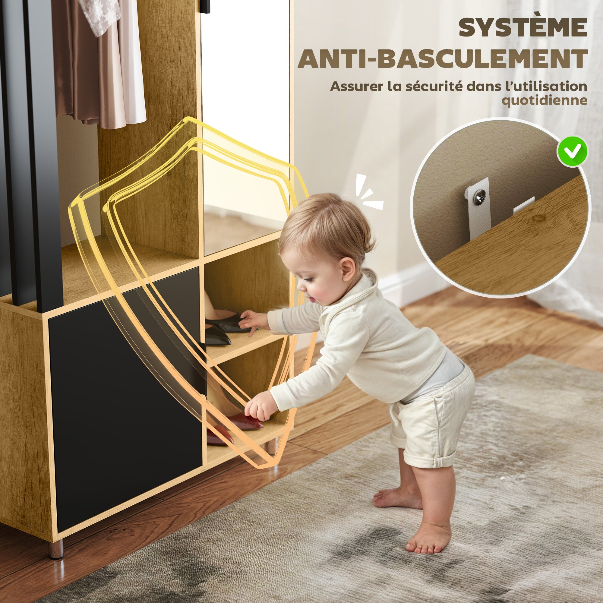 Modern Dressing Wardrobe Closet Storage Cabinet with Mirror, Open Compartments, Wardrobe Rod, 80 x 30 x 170 cm, Natural Wood