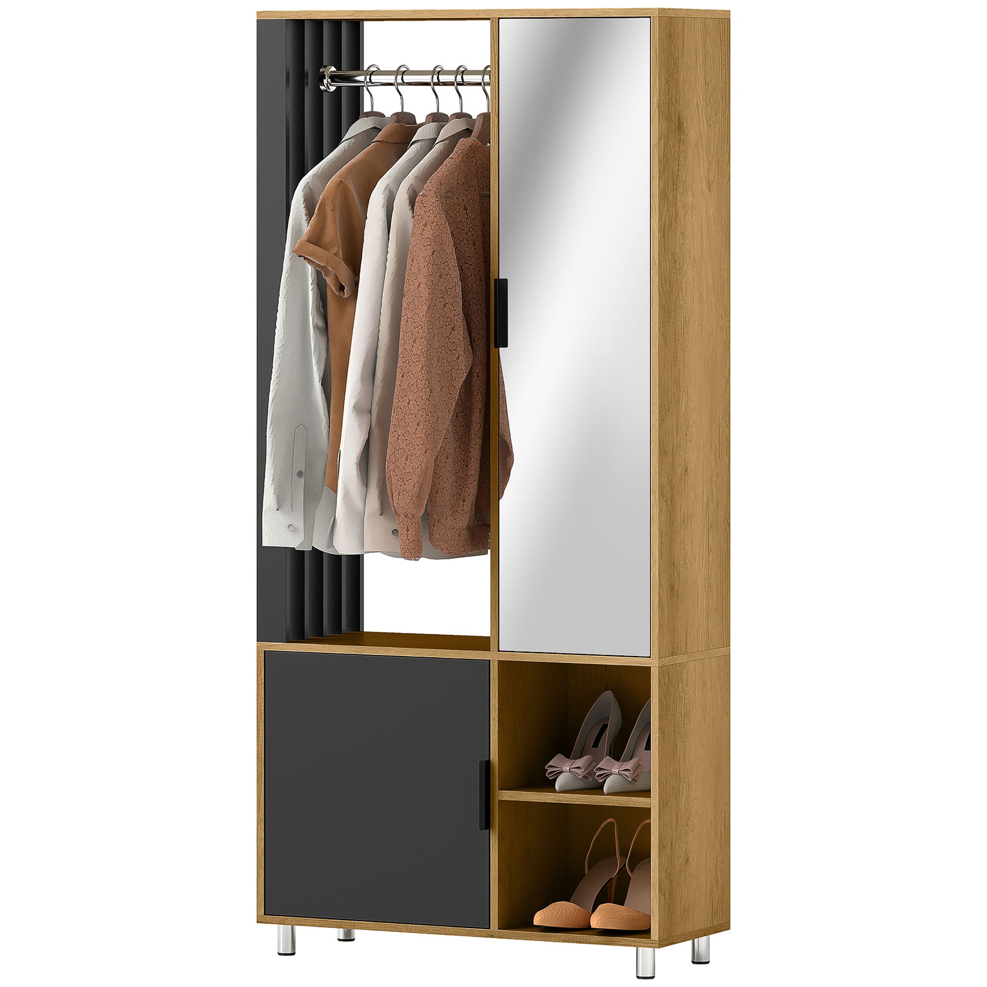 Modern Dressing Wardrobe Closet Storage Cabinet with Mirror, Open Compartments, Wardrobe Rod, 80 x 30 x 170 cm, Natural Wood