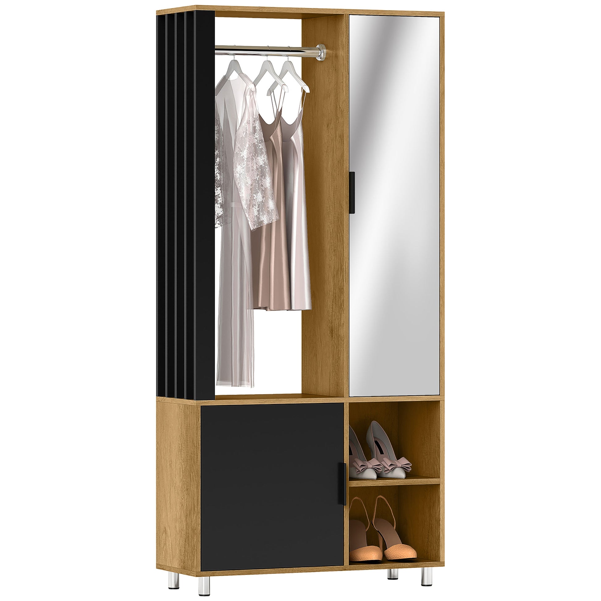 Modern Dressing Wardrobe Closet Storage Cabinet with Mirror, Open Compartments, Wardrobe Rod, 80 x 30 x 170 cm, Natural Wood