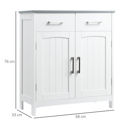 Bathroom Cabinet Storage Unit with 2 Drawers, Cupboard with Doors, Adjustable Shelf, Bathroom Kitchen Living Room, 68 x 33 x 76 cm, White