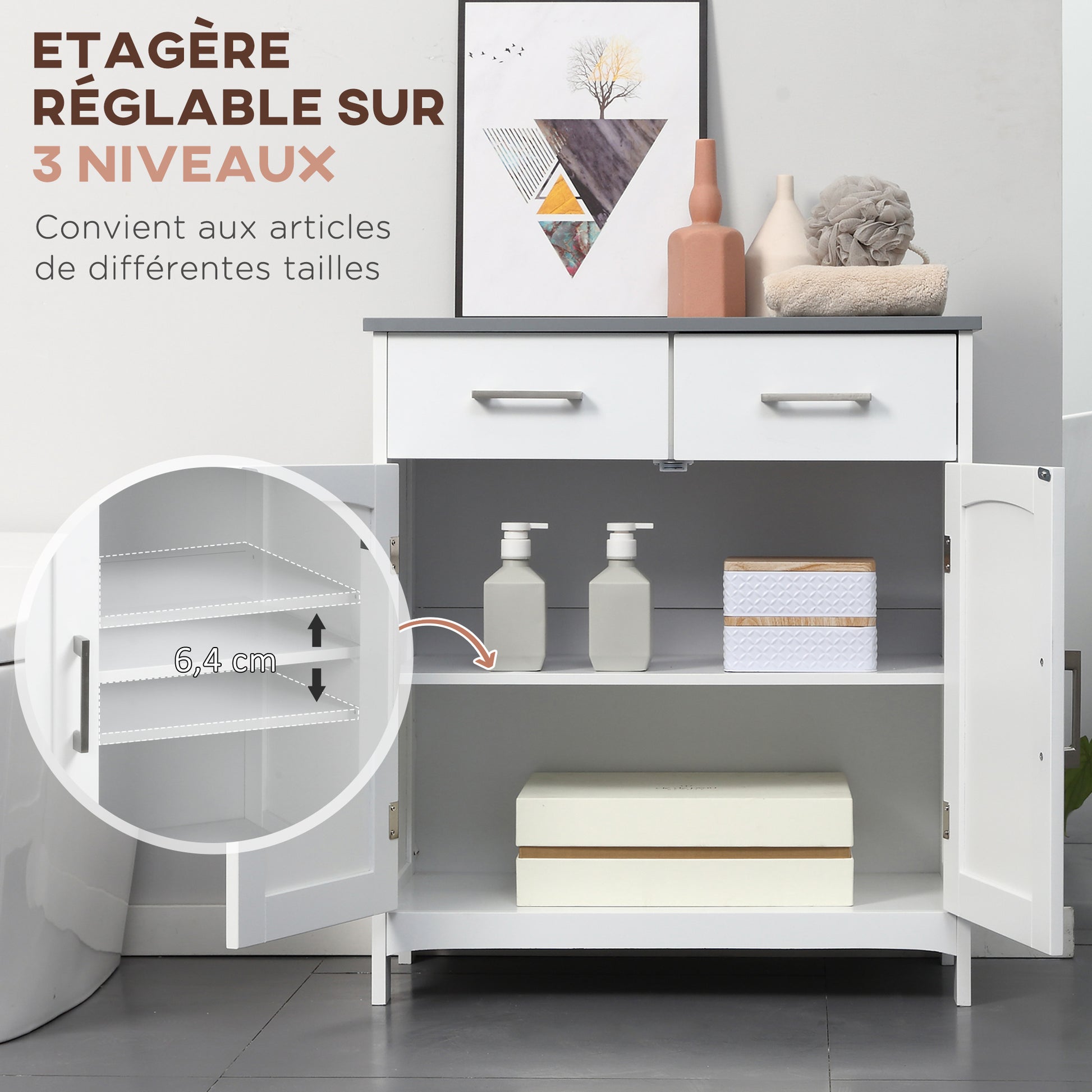 Bathroom Cabinet Storage Unit with 2 Drawers, Cupboard with Doors, Adjustable Shelf, Bathroom Kitchen Living Room, 68 x 33 x 76 cm, White