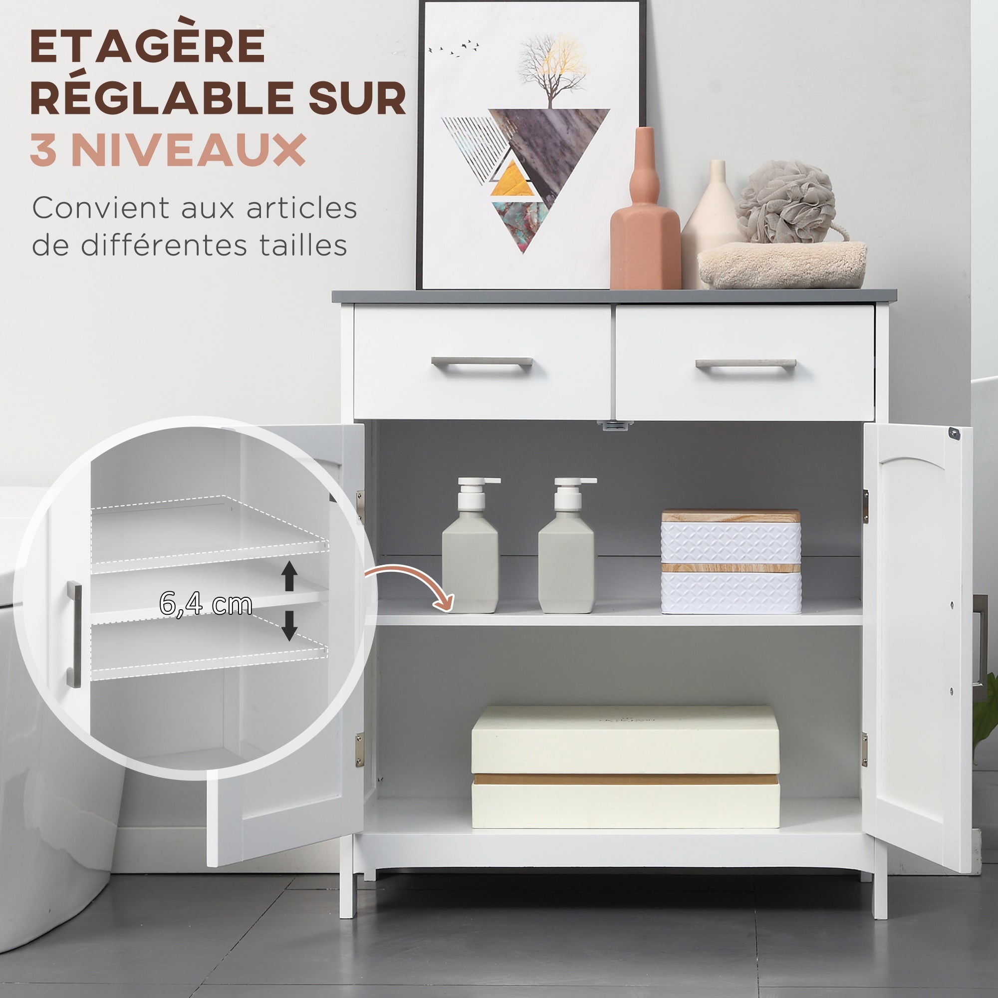 Bathroom Cabinet Storage Unit with 2 Drawers, Cupboard with Doors, Adjustable Shelf, Bathroom Kitchen Living Room, 68 x 33 x 76 cm, White