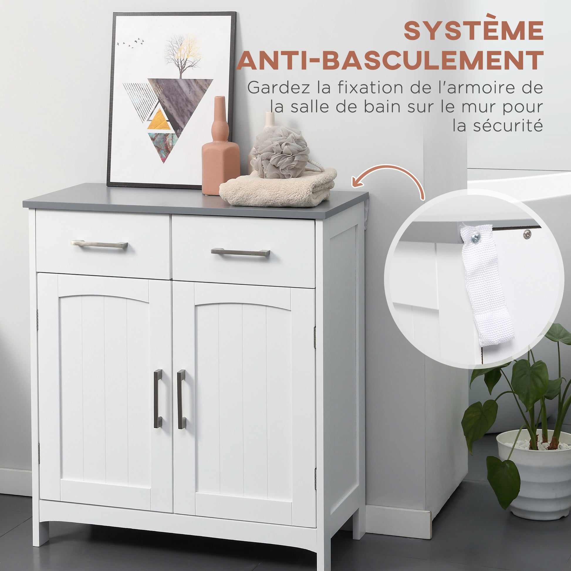 Bathroom Cabinet Storage Unit with 2 Drawers, Cupboard with Doors, Adjustable Shelf, Bathroom Kitchen Living Room, 68 x 33 x 76 cm, White