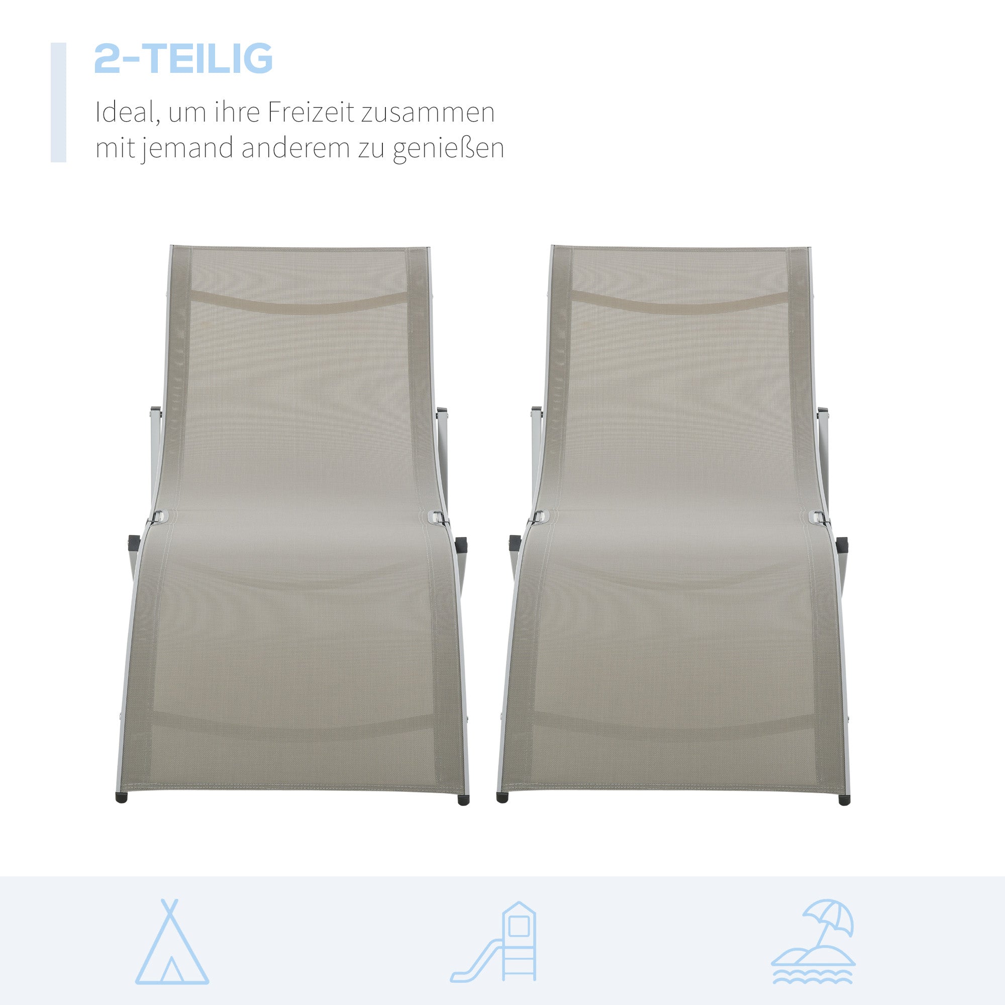 2-Piece Sun Lounger Set Garden Loungers Fabric Lounger Ergonomic Aluminum Texteline Light Grey 165 x 61 x 63 cm