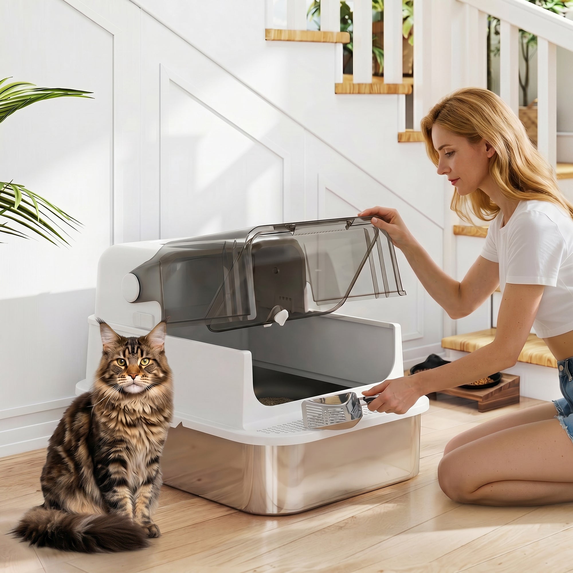 XXL Stainless Steel Enclosed Cat Litter Box – Flip-Top Hood, High Sides, Top Entry, Scoop, Odor Control, Easy to Clean, Leakproof, White