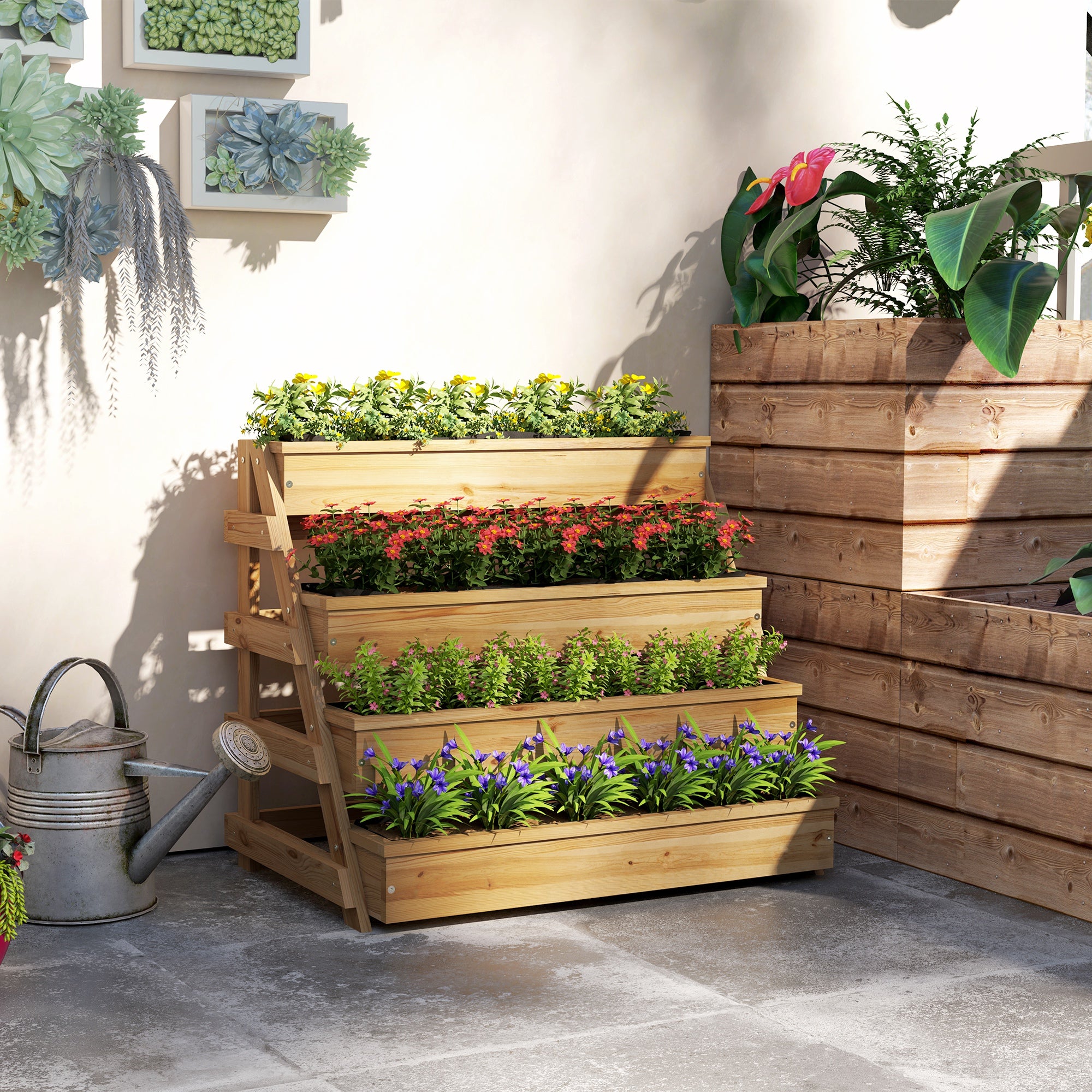 4-Tier Raised Garden Bed Outdoor Planter, Fir Wood Raised Planter with Drainage Holes and Non-Woven Fabric, for Plants, Flowers, and Vegetables, 75x57x60.5 cm, Wood Color