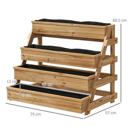 4-Tier Raised Garden Bed Outdoor Planter, Fir Wood Raised Planter with Drainage Holes and Non-Woven Fabric, for Plants, Flowers, and Vegetables, 75x57x60.5 cm, Wood Color