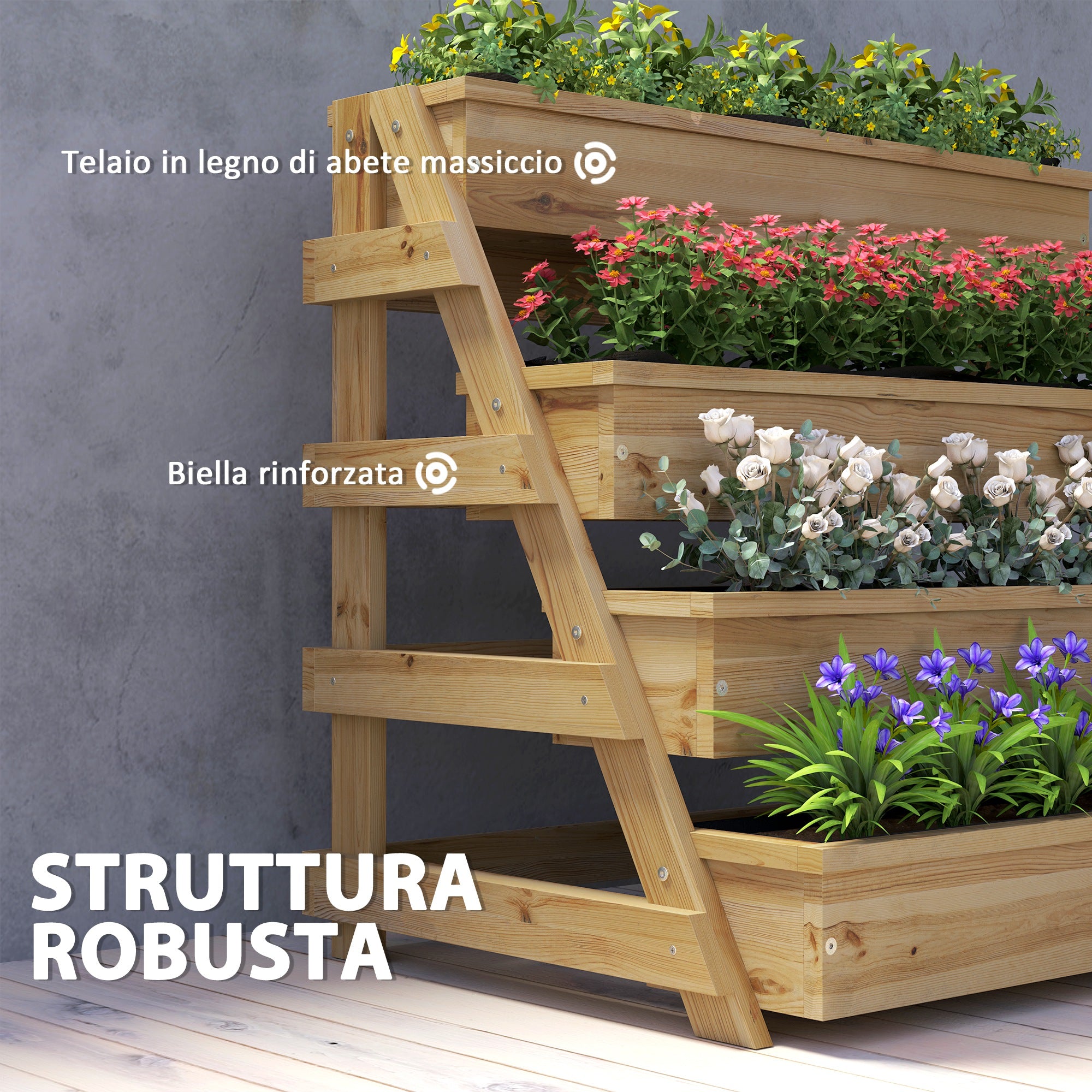 4-Tier Raised Garden Bed Outdoor Planter, Fir Wood Raised Planter with Drainage Holes and Non-Woven Fabric, for Plants, Flowers, and Vegetables, 75x57x60.5 cm, Wood Color