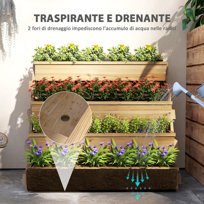 4-Tier Raised Garden Bed Outdoor Planter, Fir Wood Raised Planter with Drainage Holes and Non-Woven Fabric, for Plants, Flowers, and Vegetables, 75x57x60.5 cm, Wood Color