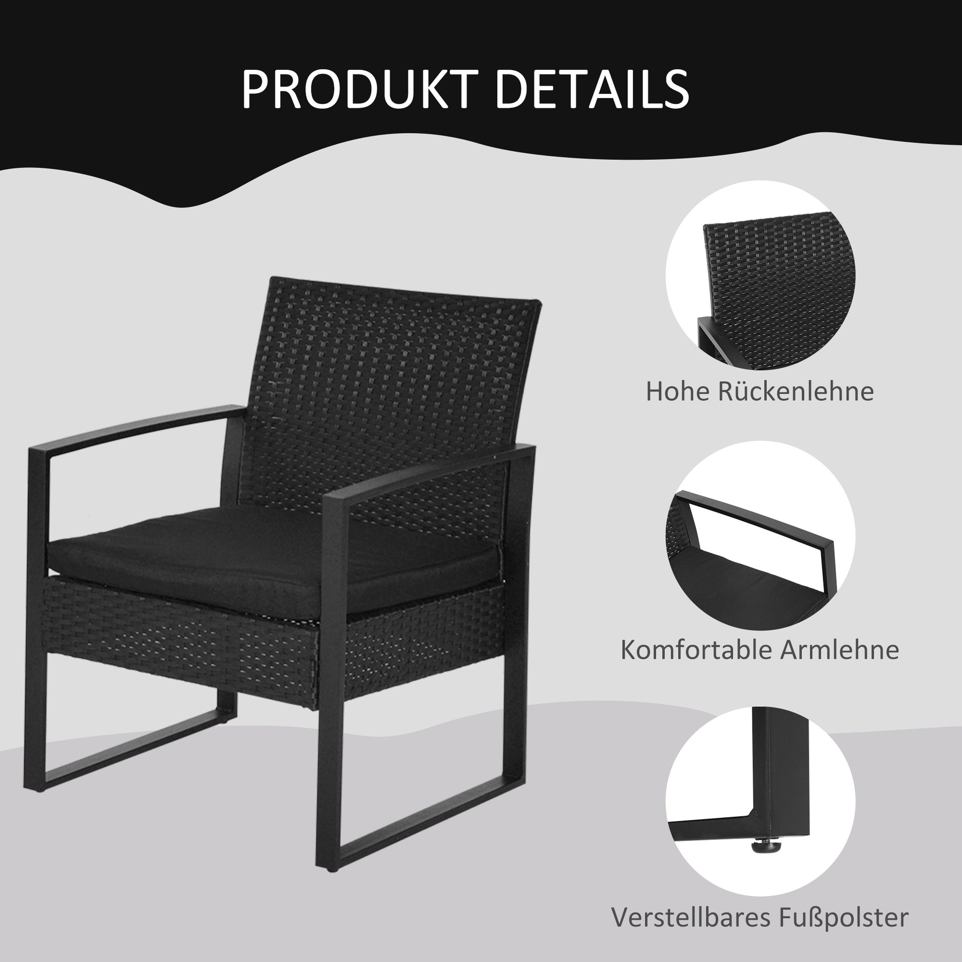 Polyrattan Garden Furniture Set, Outdoor Balcony Furniture for 2 Persons, 3-Piece Seating Group with 2 Chairs, Table, Seat Cushions, Weatherproof Patio Furniture for Garden, Terrace, Balcony, Black