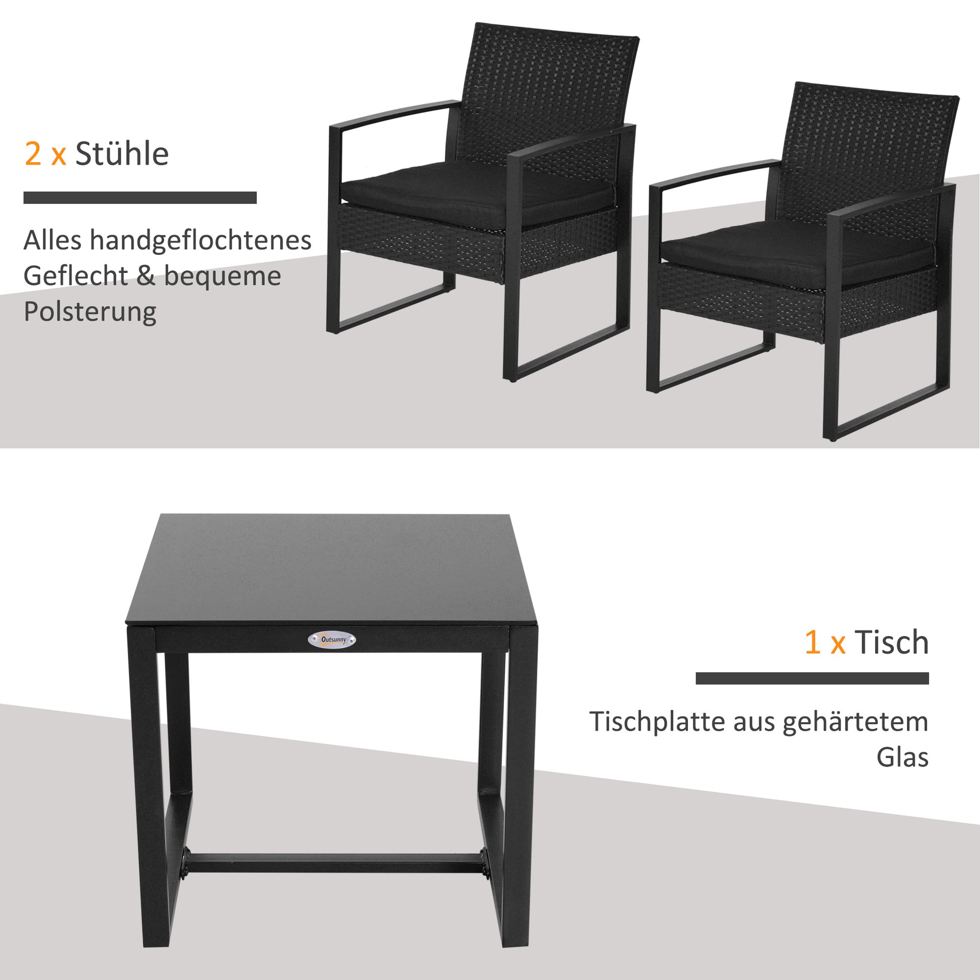 Polyrattan Garden Furniture Set, Outdoor Balcony Furniture for 2 Persons, 3-Piece Seating Group with 2 Chairs, Table, Seat Cushions, Weatherproof Patio Furniture for Garden, Terrace, Balcony, Black