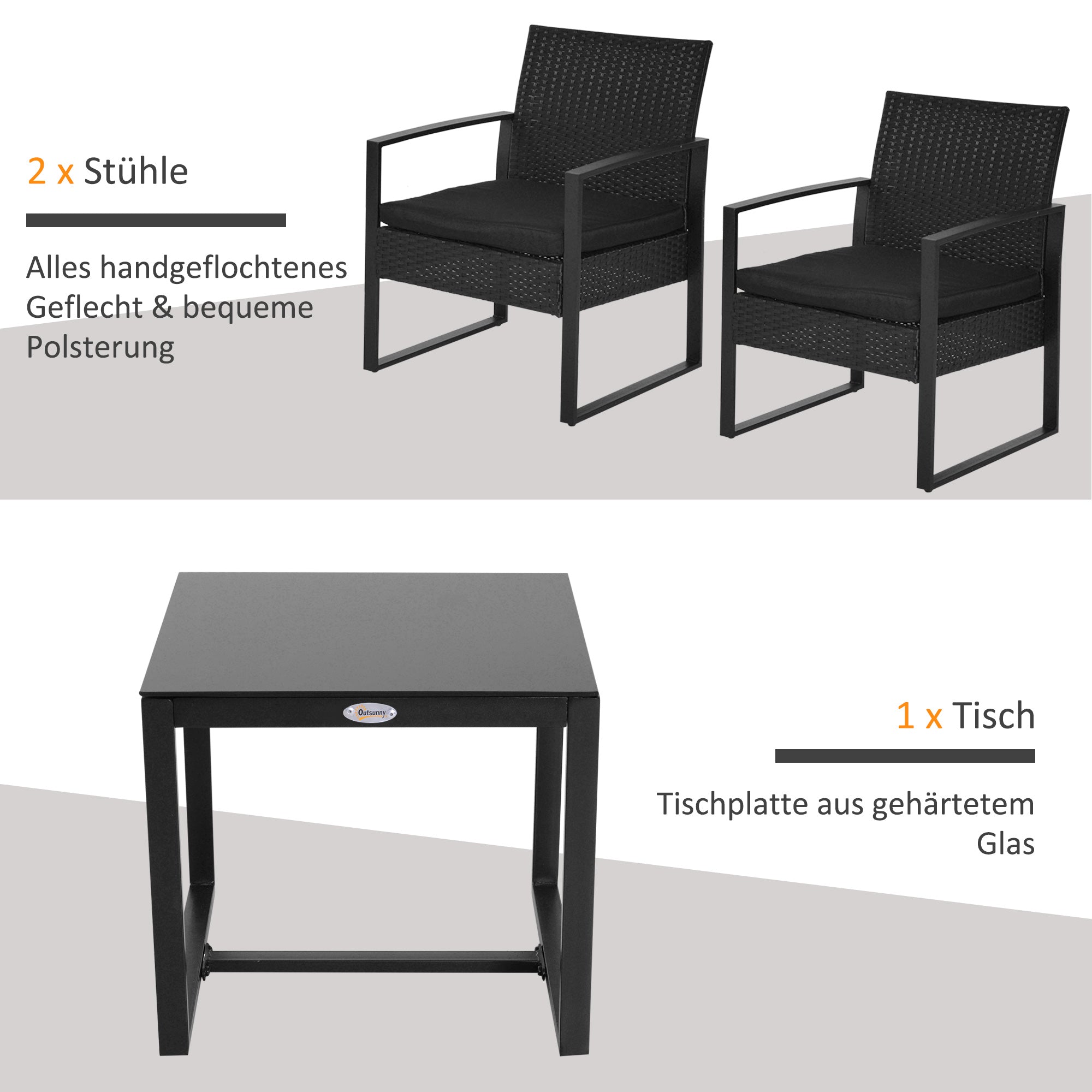 Polyrattan Garden Furniture Set, Outdoor Balcony Furniture for 2 Persons, 3-Piece Seating Group with 2 Chairs, Table, Seat Cushions, Weatherproof Patio Furniture for Garden, Terrace, Balcony, Black