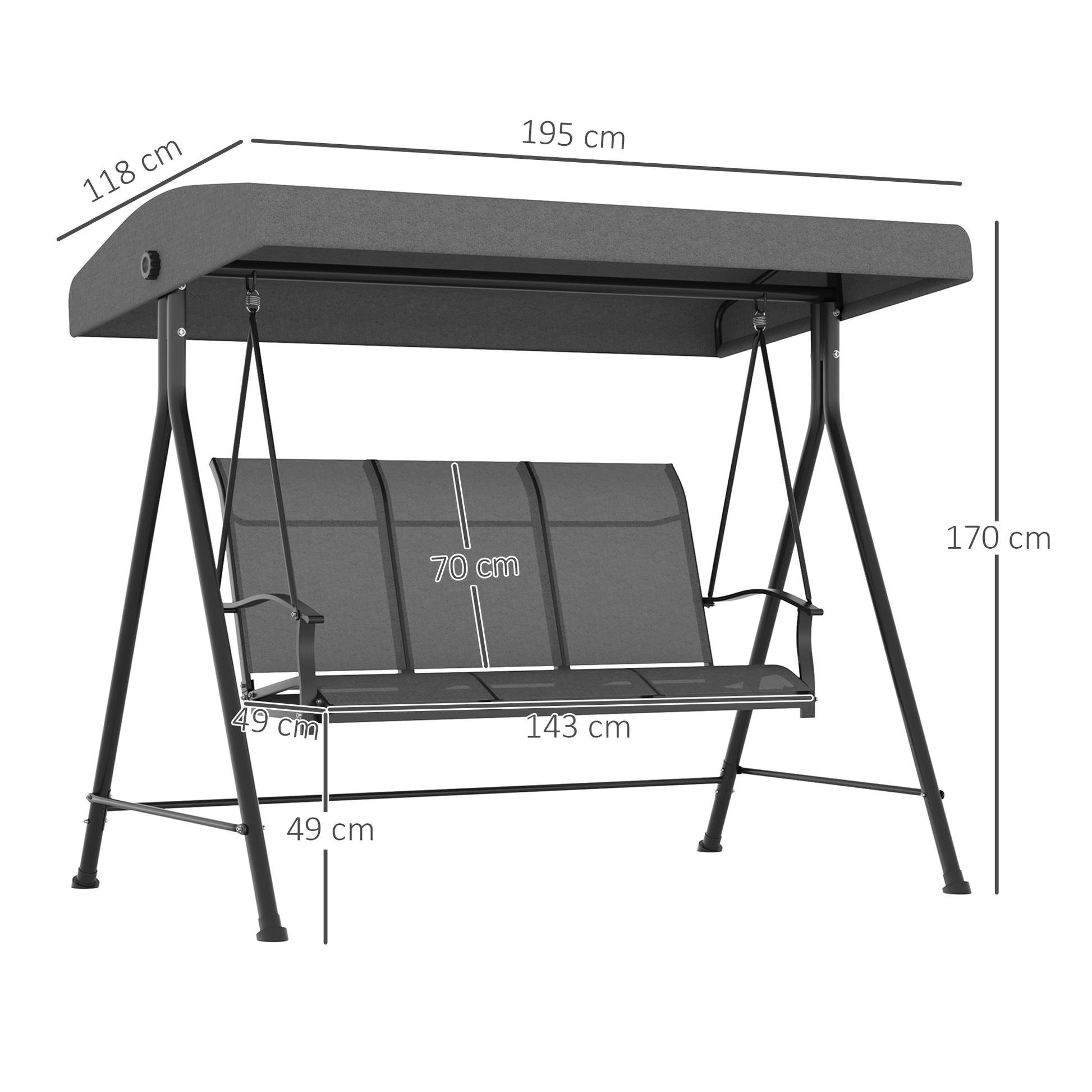 Hollywood Swing 3-Seater, Garden Swing with Adjustable Canopy, Swing Bench with Armrest, Up to 240 kg Load Capacity, Metal, Texteline, Dark Grey, 195 x 118 x 170 cm