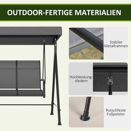 Hollywood Swing 3-Seater, Garden Swing with Adjustable Canopy, Swing Bench with Armrest, Up to 240 kg Load Capacity, Metal, Texteline, Dark Grey, 195 x 118 x 170 cm