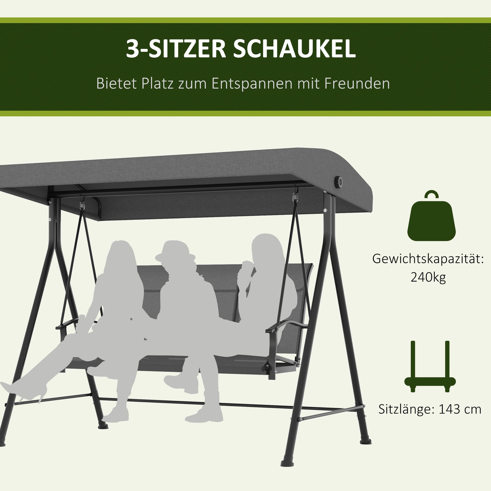 Hollywood Swing 3-Seater, Garden Swing with Adjustable Canopy, Swing Bench with Armrest, Up to 240 kg Load Capacity, Metal, Texteline, Dark Grey, 195 x 118 x 170 cm