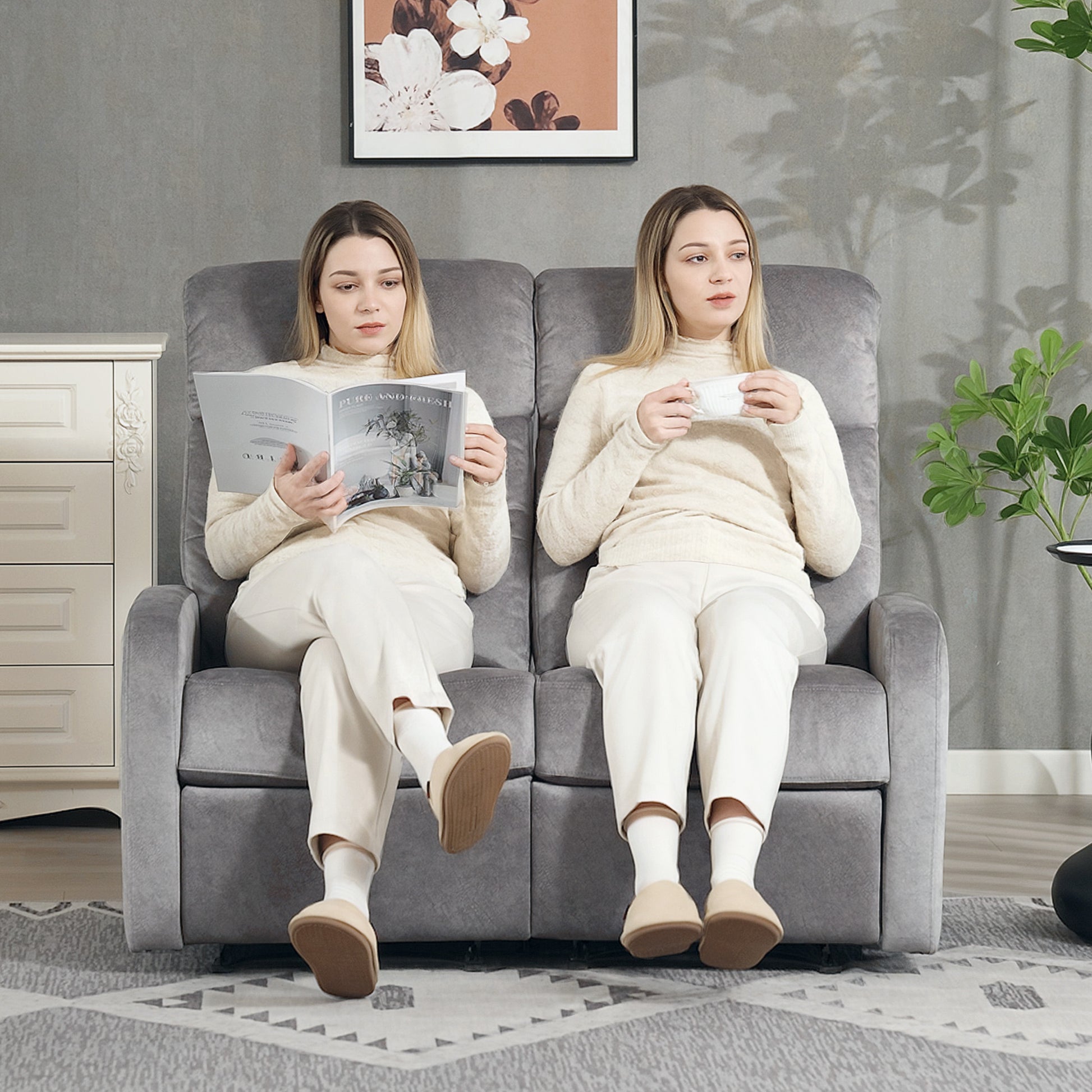 TV Recliner Chair with Reclining Function, 2 Seater Sofa TV Chair with Pocket Coils, Two-Seater Cinema Chair with Footrest for Living Room, Bedroom, Gray