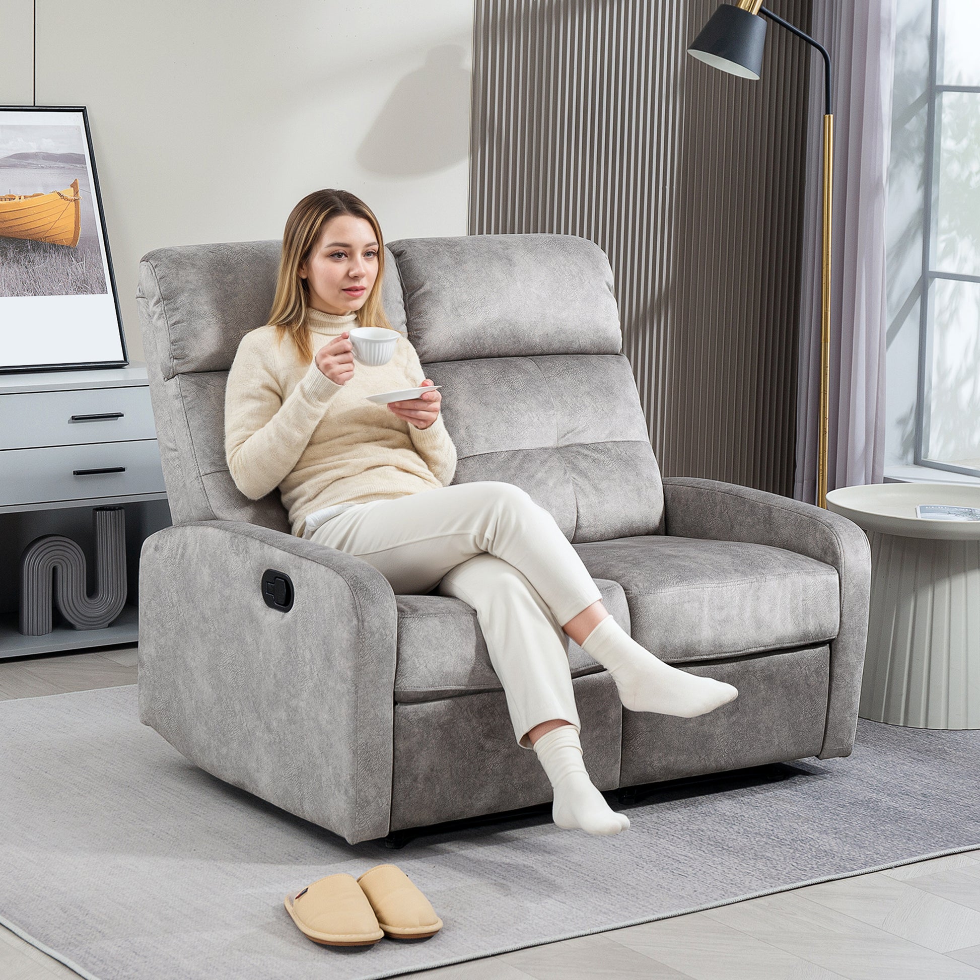 TV Recliner Chair with Reclining Function, 2 Seater Sofa TV Chair with Pocket Coils, Two-Seater Cinema Chair with Footrest for Living Room, Bedroom, Gray