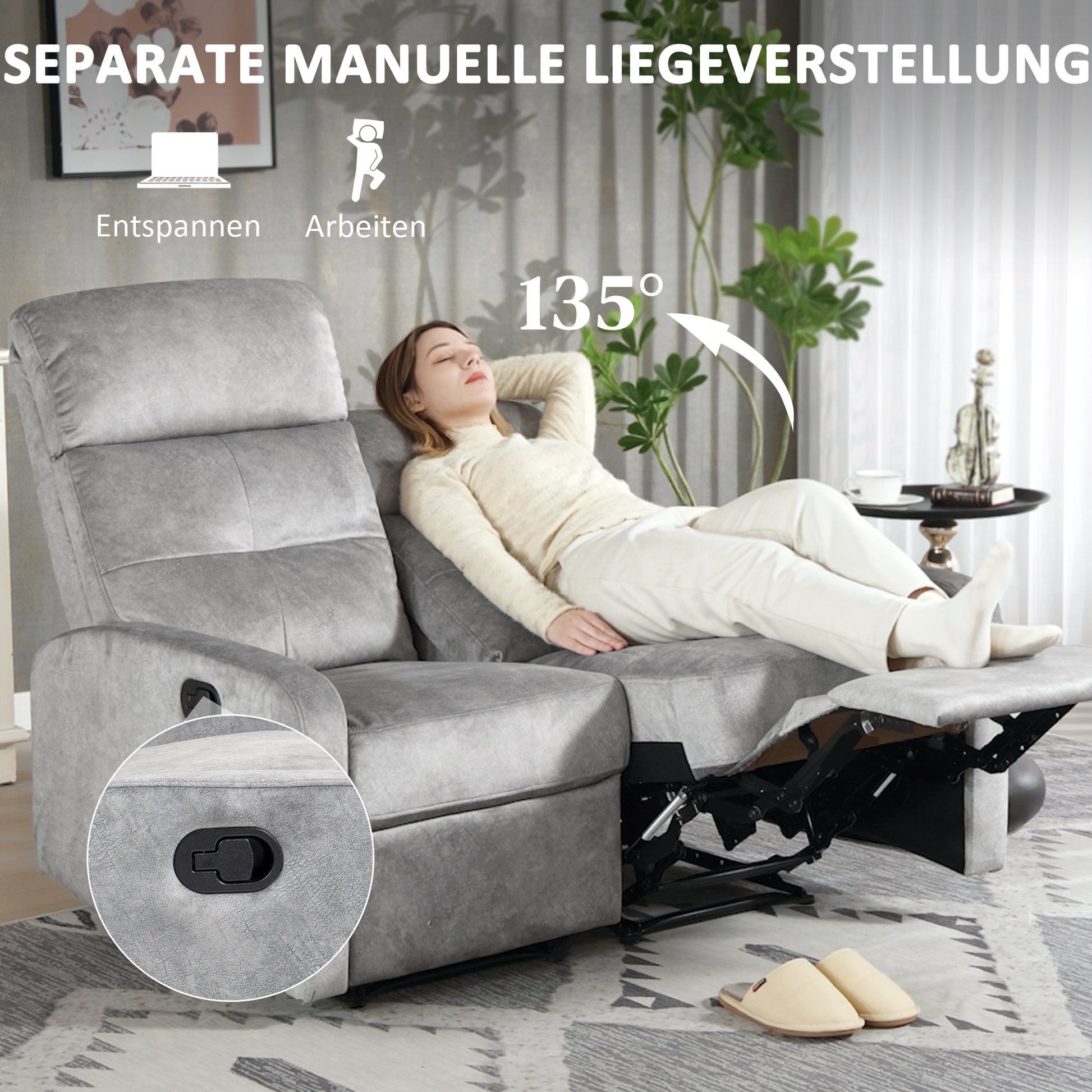 TV Recliner Chair with Reclining Function, 2 Seater Sofa TV Chair with Pocket Coils, Two-Seater Cinema Chair with Footrest for Living Room, Bedroom, Gray