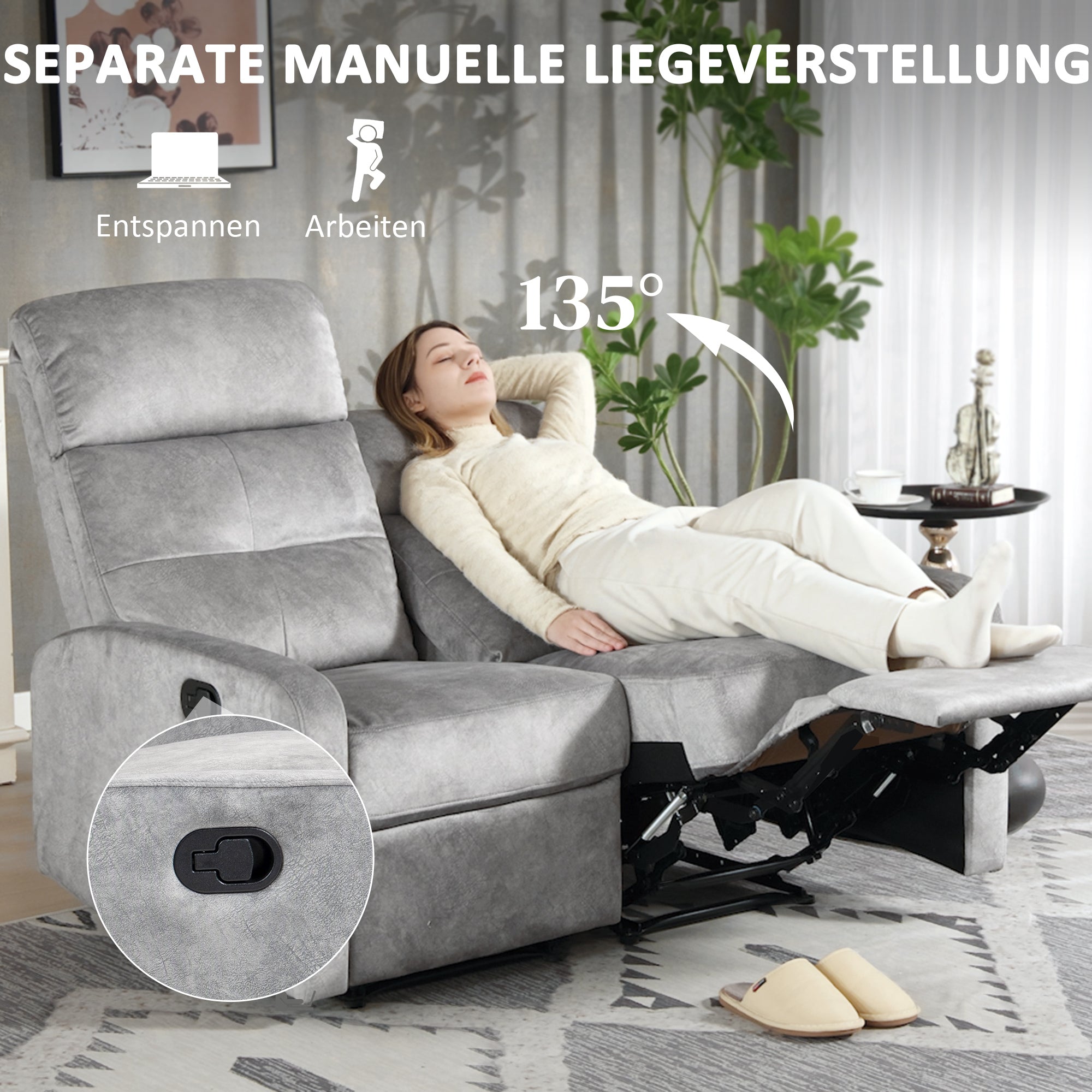 TV Recliner Chair with Reclining Function, 2 Seater Sofa TV Chair with Pocket Coils, Two-Seater Cinema Chair with Footrest for Living Room, Bedroom, Gray