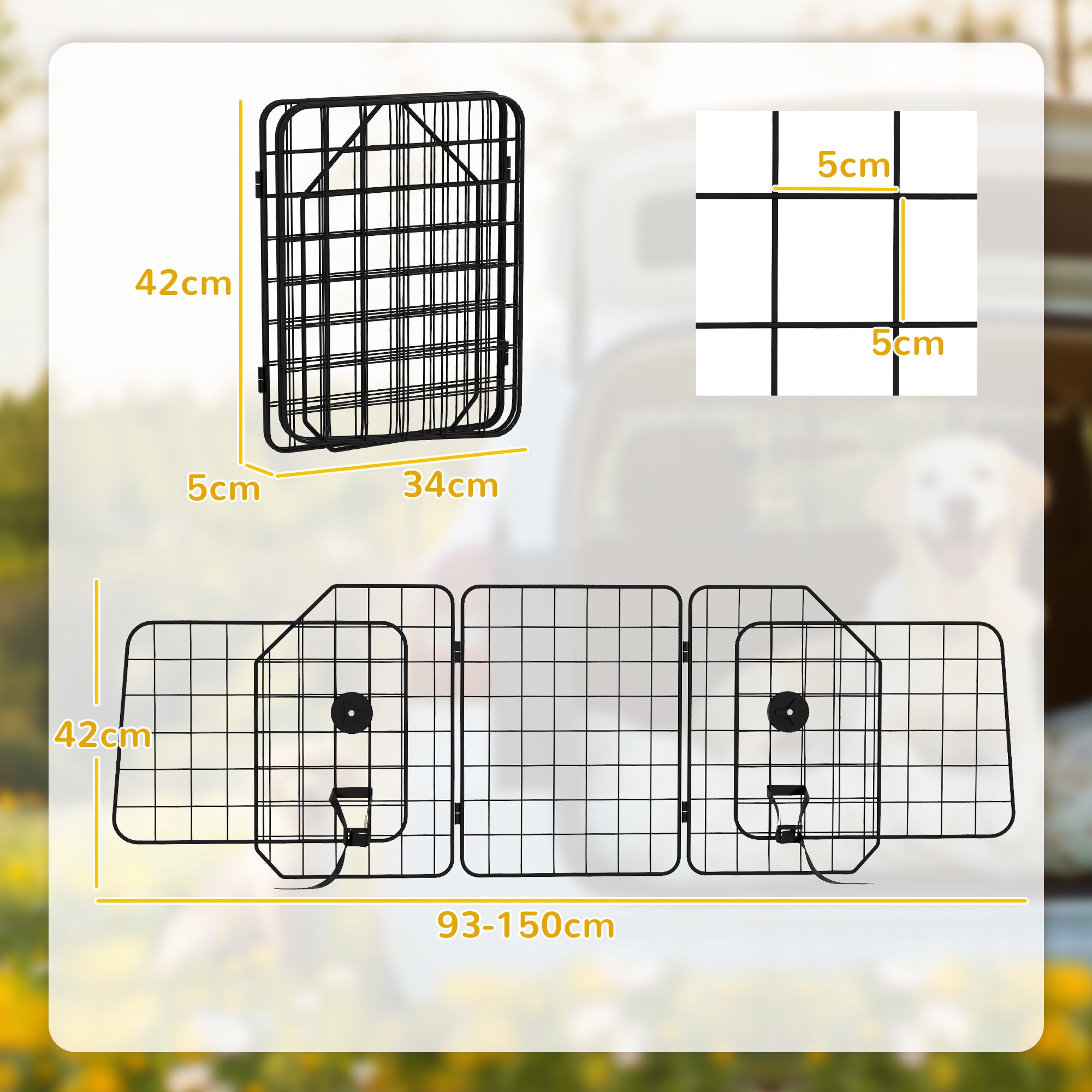 Dog Guard Car Universal Boot Guard Adjustable Width Dog Protective Guard Car Barrier Partition for Dogs made of Steel Black 93-150 x 42 cm