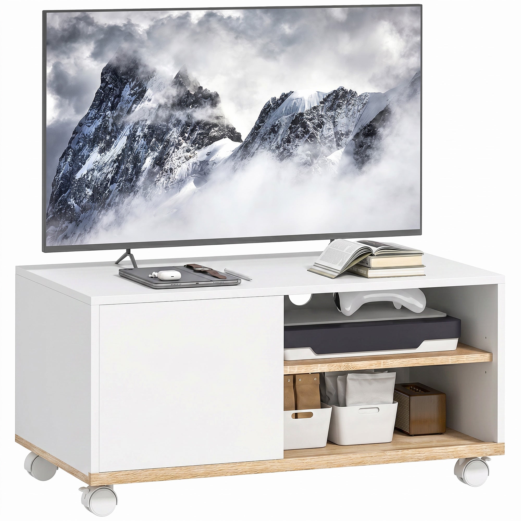 Rolling TV Stand with Cabinet, Cable Management & Adjustable Shelf, Fits TVs up to 32", White & Oak, 31.5 x 17.7 x 16.1 in