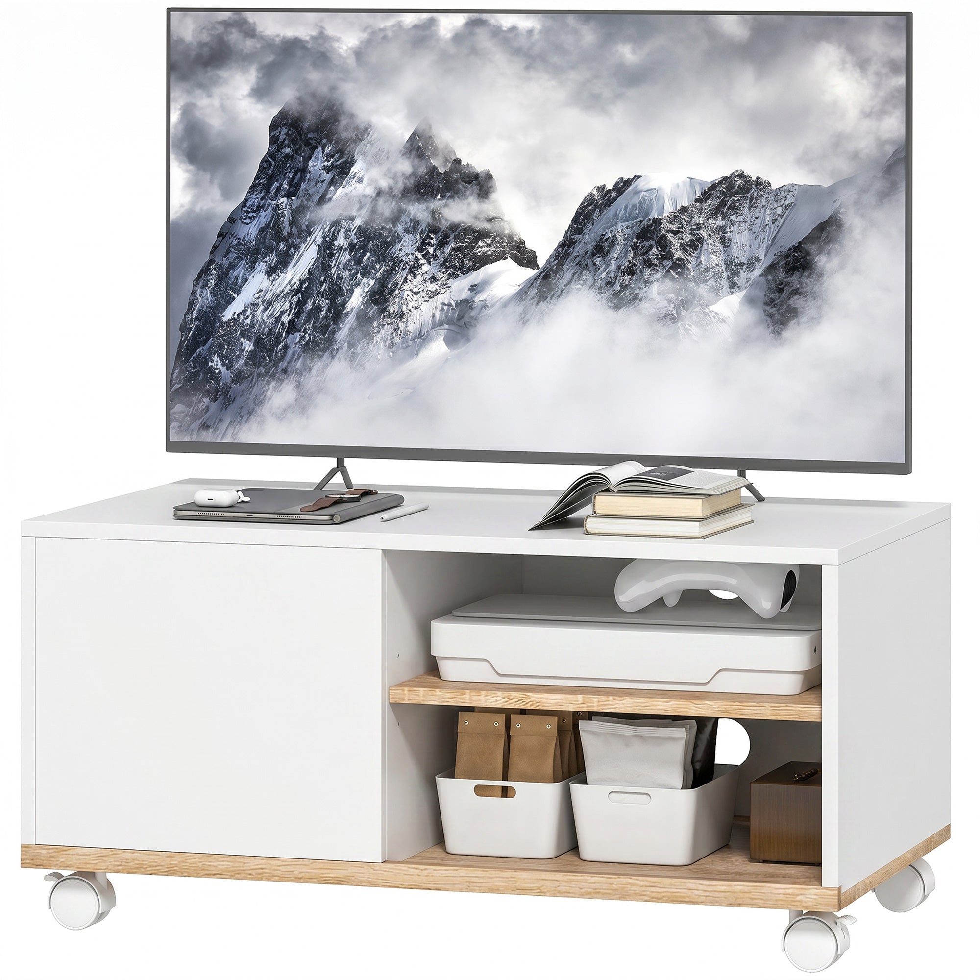 Rolling TV Stand with Cabinet, Cable Management & Adjustable Shelf, Fits TVs up to 32", White & Oak, 31.5 x 17.7 x 16.1 in