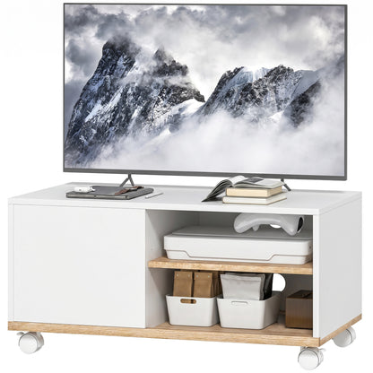 Rolling TV Stand with Cabinet, Cable Management & Adjustable Shelf, Fits TVs up to 32", White & Oak, 31.5 x 17.7 x 16.1 in