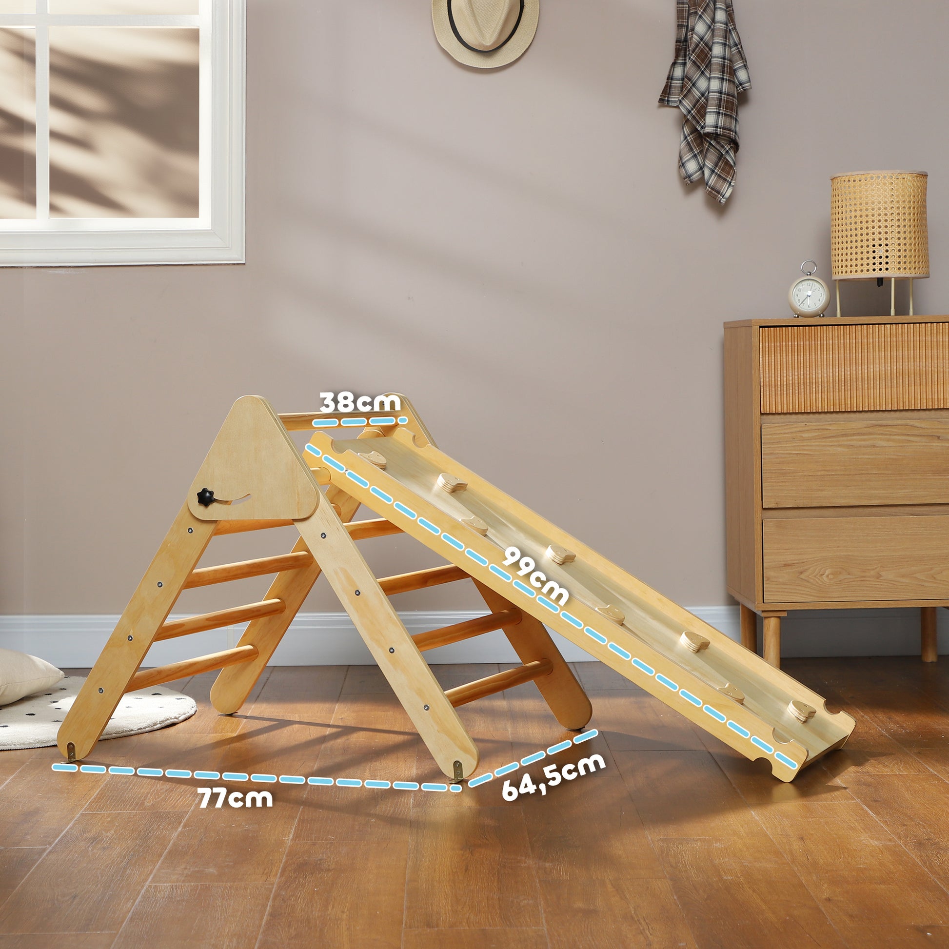 2 in 1 Climbing Frame Set with Slide, Climbing Triangle for Sliding and Climbing, Wooden Climbing Toy, for Children 1.5-4 Years, Indoor, Natural Wood