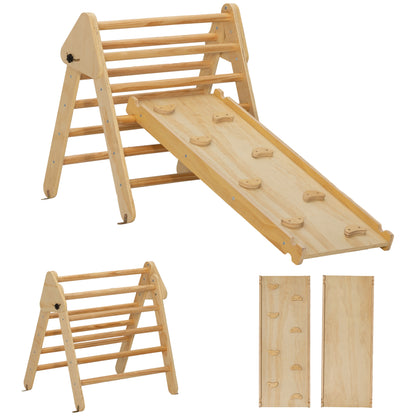2 in 1 Climbing Frame Set with Slide, Climbing Triangle for Sliding and Climbing, Wooden Climbing Toy, for Children 1.5-4 Years, Indoor, Natural Wood