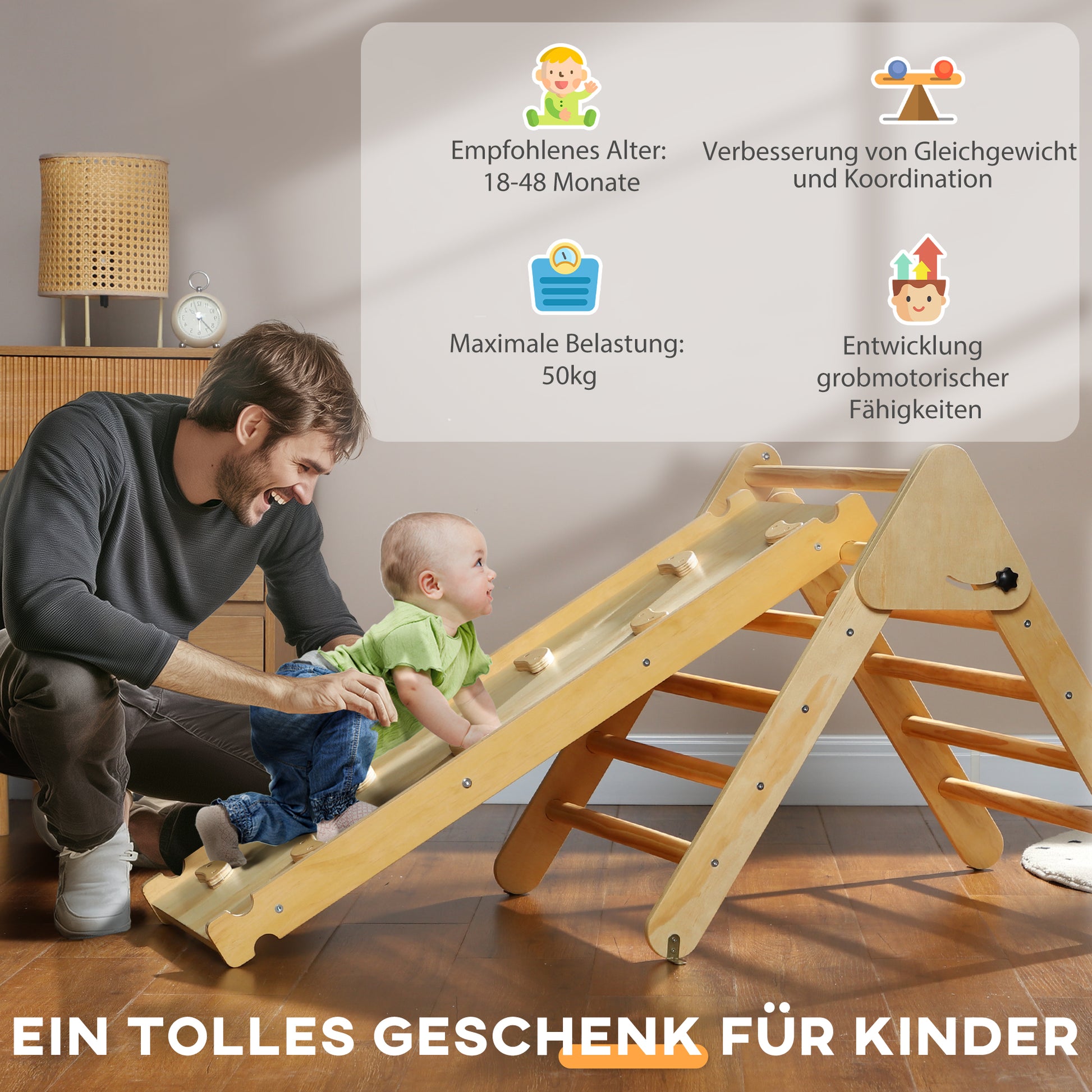 2 in 1 Climbing Frame Set with Slide, Climbing Triangle for Sliding and Climbing, Wooden Climbing Toy, for Children 1.5-4 Years, Indoor, Natural Wood