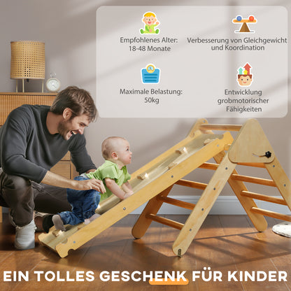 2 in 1 Climbing Frame Set with Slide, Climbing Triangle for Sliding and Climbing, Wooden Climbing Toy, for Children 1.5-4 Years, Indoor, Natural Wood