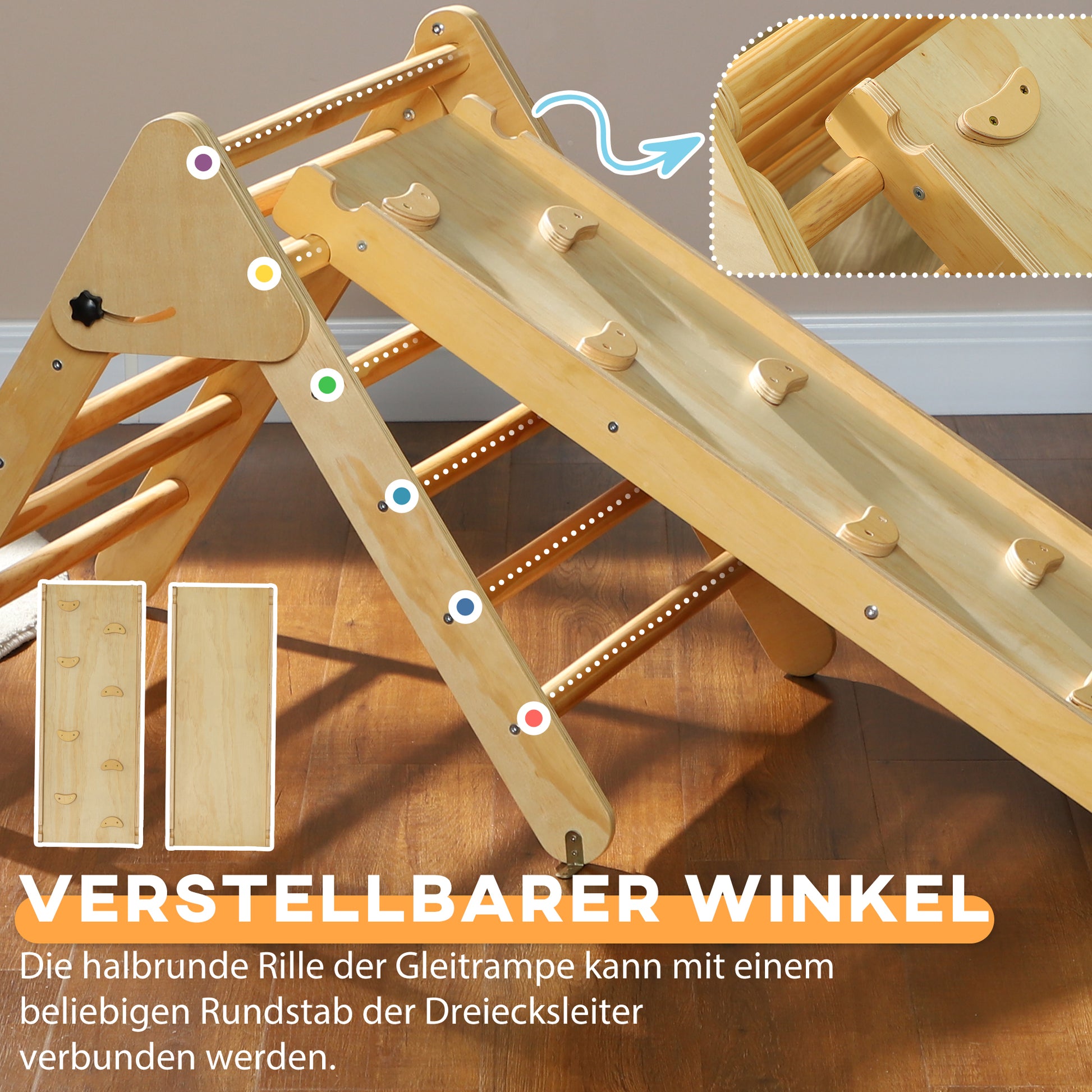 2 in 1 Climbing Frame Set with Slide, Climbing Triangle for Sliding and Climbing, Wooden Climbing Toy, for Children 1.5-4 Years, Indoor, Natural Wood