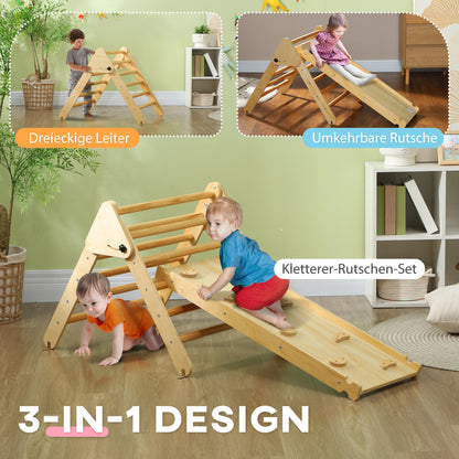 2 in 1 Climbing Frame Set with Slide, Climbing Triangle for Sliding and Climbing, Wooden Climbing Toy, for Children 1.5-4 Years, Indoor, Natural Wood
