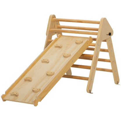 2 in 1 Climbing Frame Set with Slide, Climbing Triangle for Sliding and Climbing, Wooden Climbing Toy, for Children 1.5-4 Years, Indoor, Natural Wood