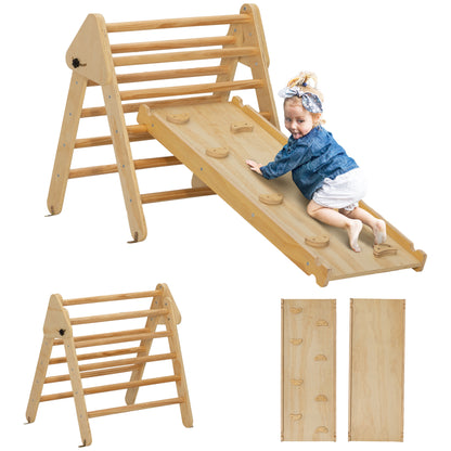 2 in 1 Climbing Frame Set with Slide, Climbing Triangle for Sliding and Climbing, Wooden Climbing Toy, for Children 1.5-4 Years, Indoor, Natural Wood