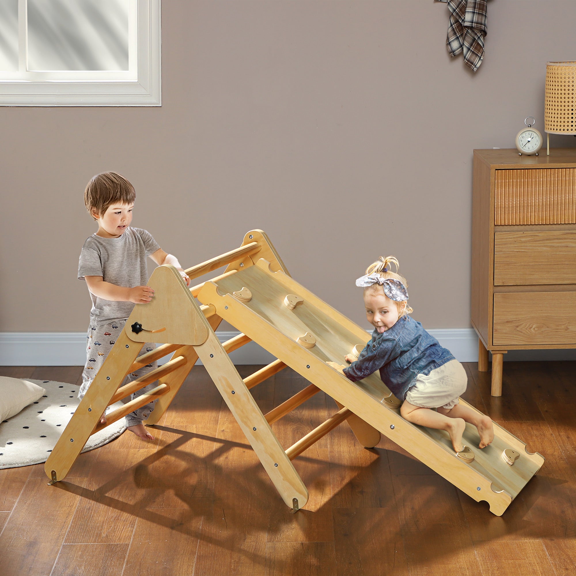 2 in 1 Climbing Frame Set with Slide, Climbing Triangle for Sliding and Climbing, Wooden Climbing Toy, for Children 1.5-4 Years, Indoor, Natural Wood