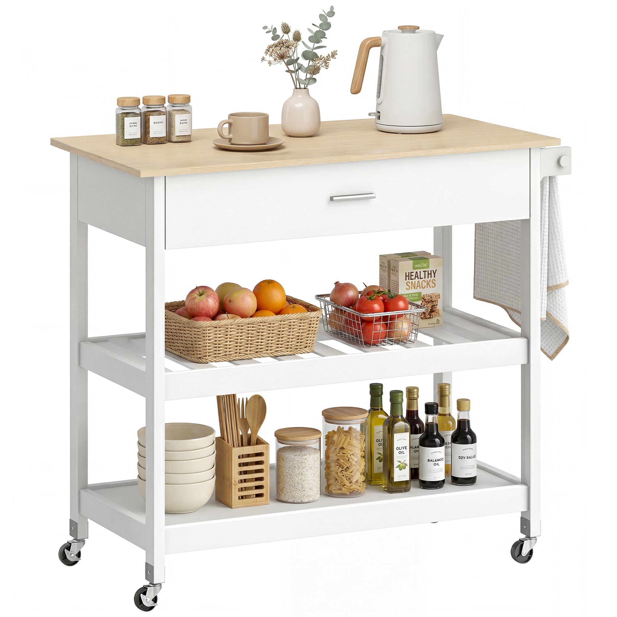 3-Tier Serving Cart with Large Worktop, Drawer & 2 Open Shelves, Towel Rack, Rolling Kitchen Trolley, White — 108.8 x 51 x 92.5 cm (42.8 x 20.1 x 36.4 in)