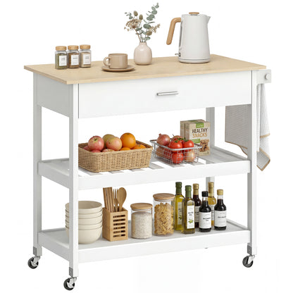 3-Tier Serving Cart with Large Worktop, Drawer & 2 Open Shelves, Towel Rack, Rolling Kitchen Trolley, White — 108.8 x 51 x 92.5 cm (42.8 x 20.1 x 36.4 in)