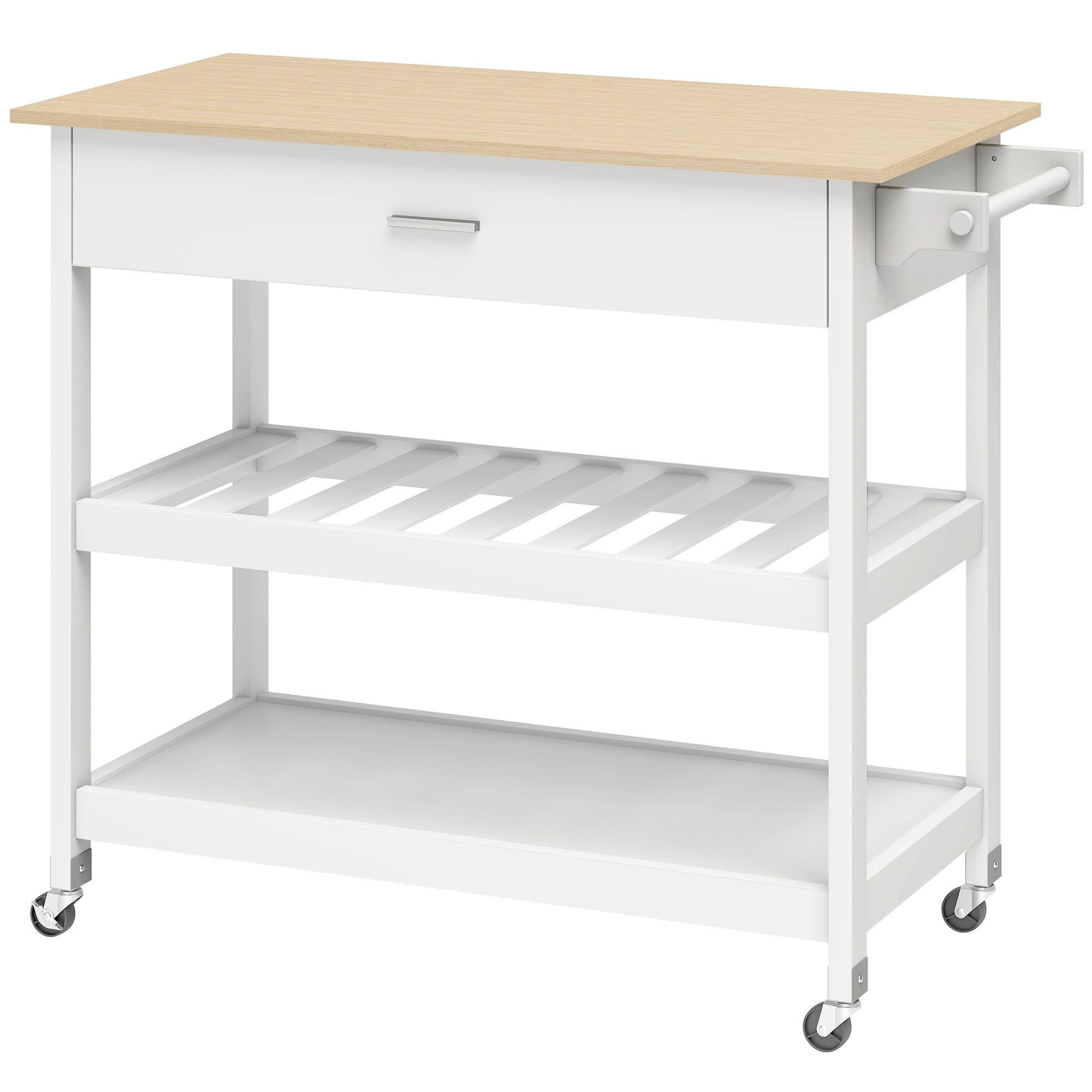 3-Tier Serving Cart with Large Worktop, Drawer & 2 Open Shelves, Towel Rack, Rolling Kitchen Trolley, White — 108.8 x 51 x 92.5 cm (42.8 x 20.1 x 36.4 in)