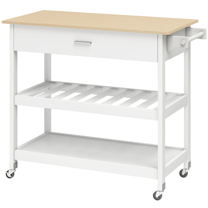 3-Tier Serving Cart with Large Worktop, Drawer & 2 Open Shelves, Towel Rack, Rolling Kitchen Trolley, White — 108.8 x 51 x 92.5 cm (42.8 x 20.1 x 36.4 in)